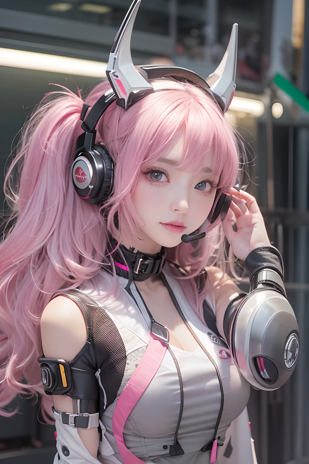 masterpiece, 1 beautiful girl, Detailed eye, Swollen eyes, top-quality, 超A high resolution, (reality: 1.4), 电影灯光, japanes, a asian beauty, very extremely beautiful, Beautiful skins, A slender, Forward-facing body, gazing at viewer、(A hyper-realistic), (hight resolution), (8K), (ighly detailed), ( Best Illustration), (beautifully detailed eyes), (ultra-detailliert), 详细的脸, Bright lighting, Professional Lighting、The background is a cyberpunk room with a large number of monitors....、Hair color is pink twin tails、、headset on head、Moles under the eyes、Plump and glossy lips、Heart-shaped choker、Female Game Commentator