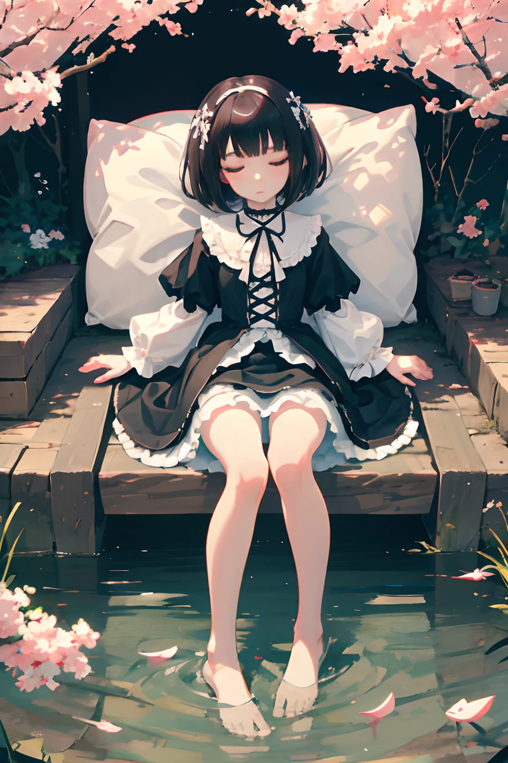 Knees,Curtsey,lift up one's skirt,child,(masterpiece,Highest Quality),(shortsleeves,White Gothic Lolita),Sleepy face,Round eyes,A dark-haired,Semi-long bob,bare-legged,small stream,cherry trees,undergarment