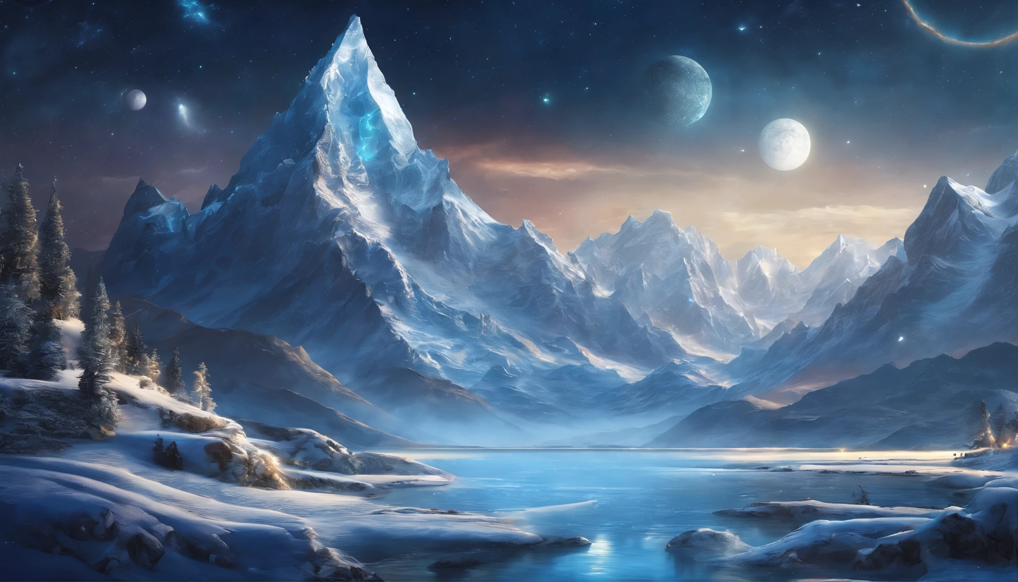 huge planet, the night, starrysky, surrealism, masutepiece, hight resolution、Impressive Milky Way:1.9、sand beach、Blue Sea、drift ice、lightning bolt:1.9、snow mountains、Mount Everest