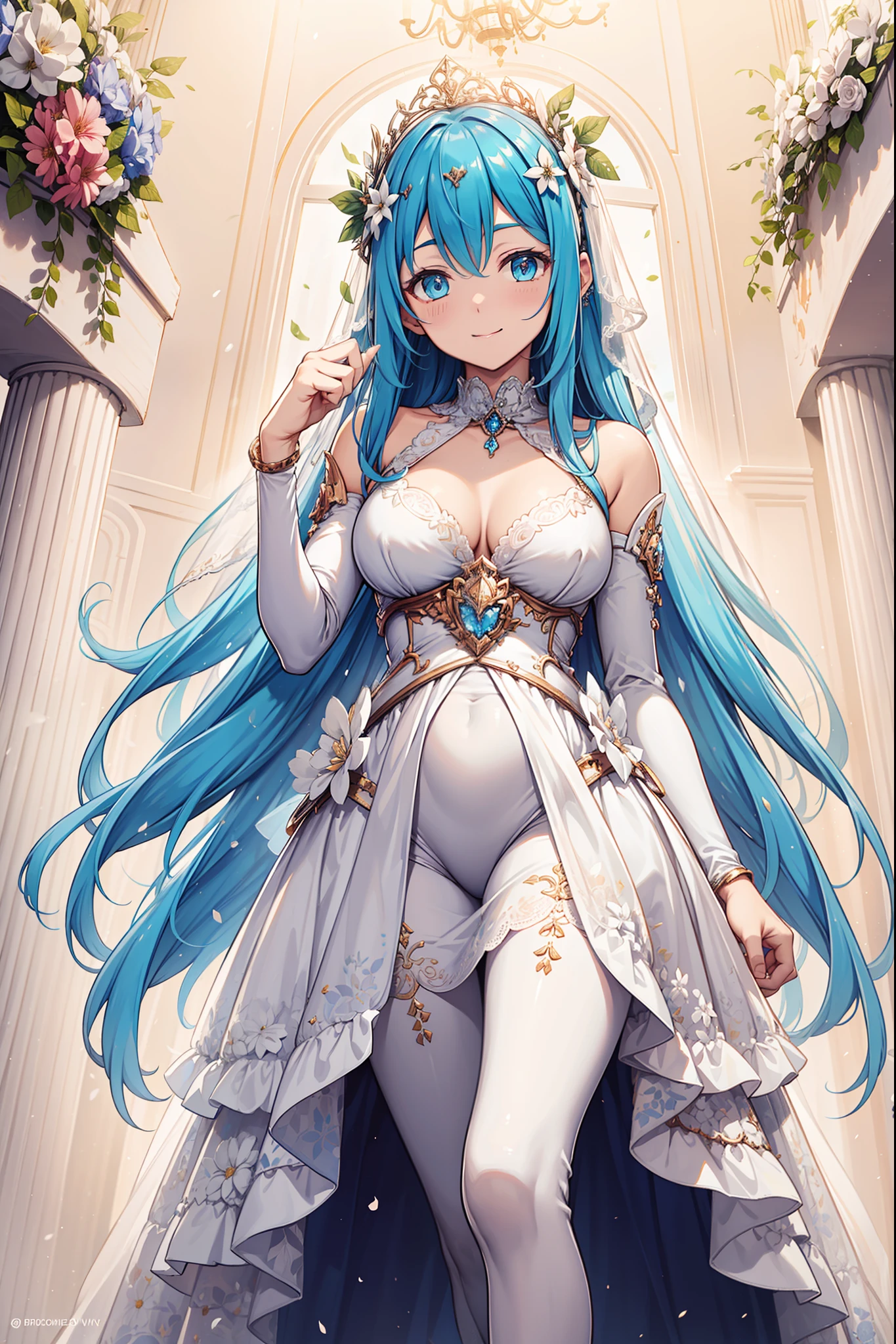 (Best quality,4K,8K,A high resolution,Masterpiece:1.2),Ultra-detailed,Beautiful girl,Enchanted,Seductive pose,cheerfulness,divino,Magical effect,Light lake blue hair,(Pure white wedding dress),Pale pink fabric,Sky blue decoration,The bride's crown,Sophisticated attire,Lace,Bedroom,solo person,the night,Pure white pantyhose,Sacred stripes,see-through transparent clothes,Floral decoration