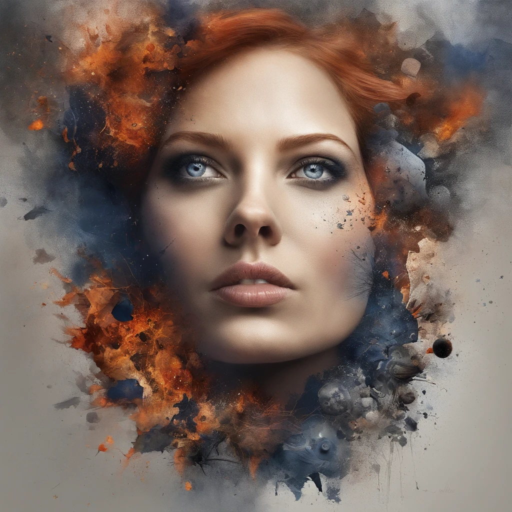 3D puzzles , Gaze at the view  , Redhead, Explosive warhead, Machine parts embedded in the face, volatile, inspired by Igor Morski, dramatic artwork, photomanipulation, photo manipulation, disintegration,, explosion of data fragments, Tinnitus, Official artwork, incredible high details, photoshop art, Noise effect, Dark blue