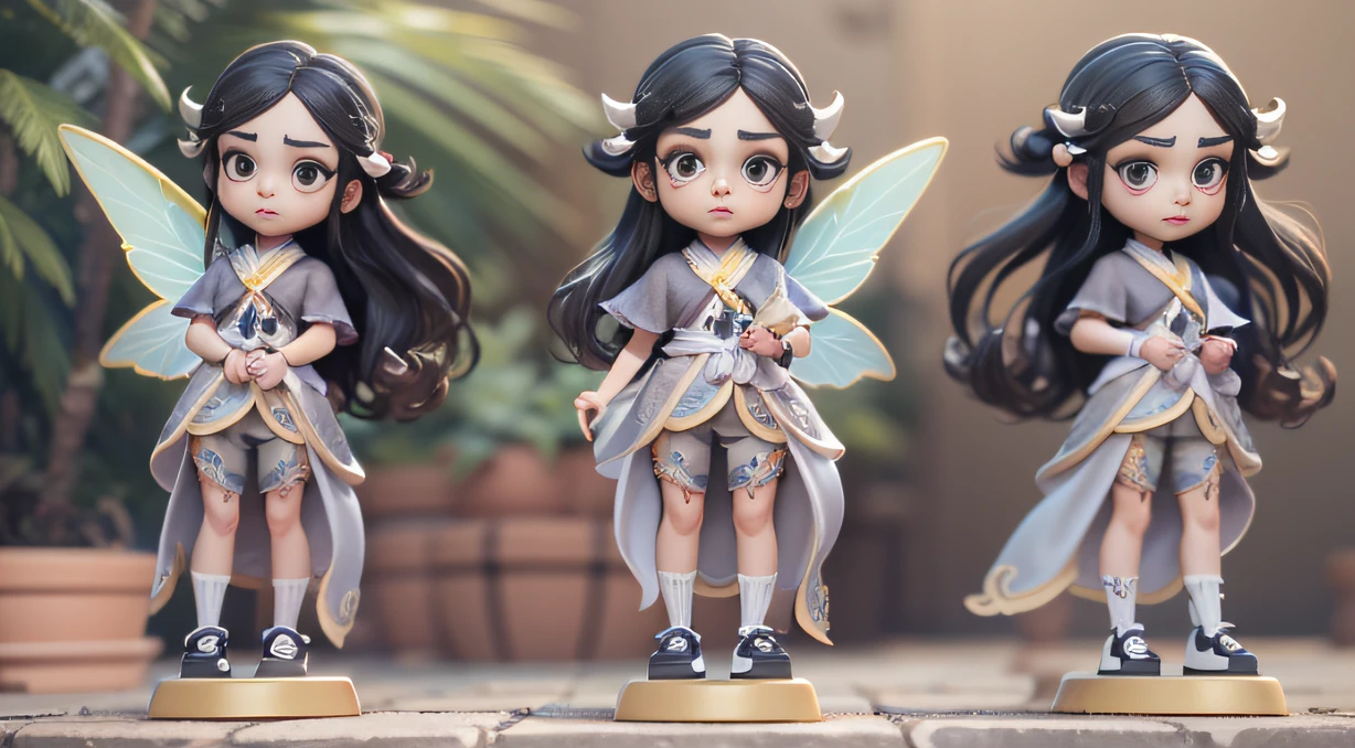 ,Comic storyboard style,Taoist fairy,Huangshan people,Delicate black hair,Arm carving,Brunette all over,Delicate gradient shoes,Eye portrayal,Exquisite Hair,Popmart blind box,Clay texture,Treading on the ground,Black and white background,natural lightting,Best quality at best,Hyper-detailing,arte 3D,C4D, OC renderer, a 3D render, 8K,45 degree viewing angle,Multiple expressions