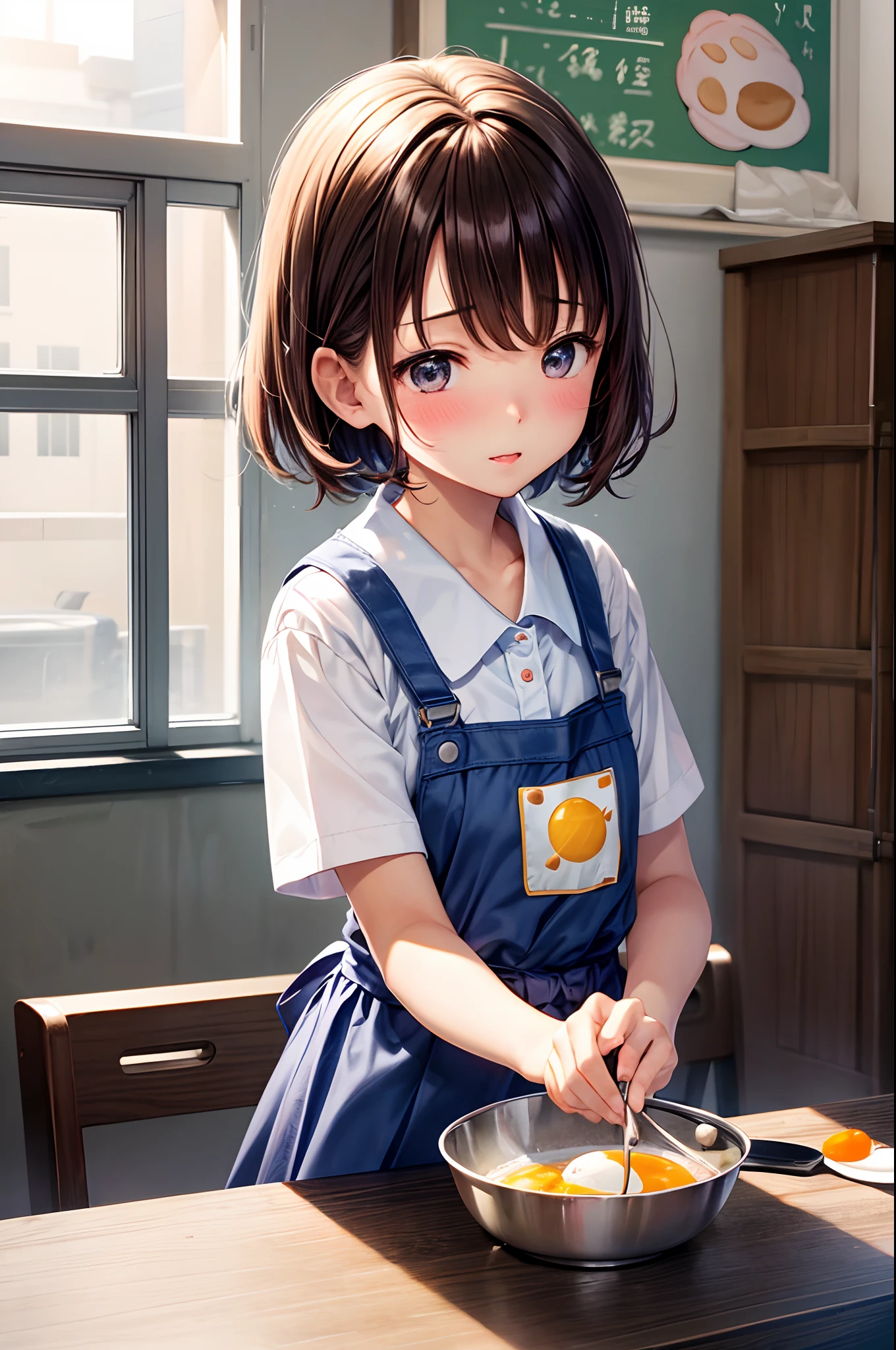 hi-school girl、、summer clothing、、be shy、Very cute、short-hair、Brown hair、gals、‎Classroom、Cooking Practice、I want to blush、Turning Pripan、pinafore、Having a ladle、Make a fried egg
