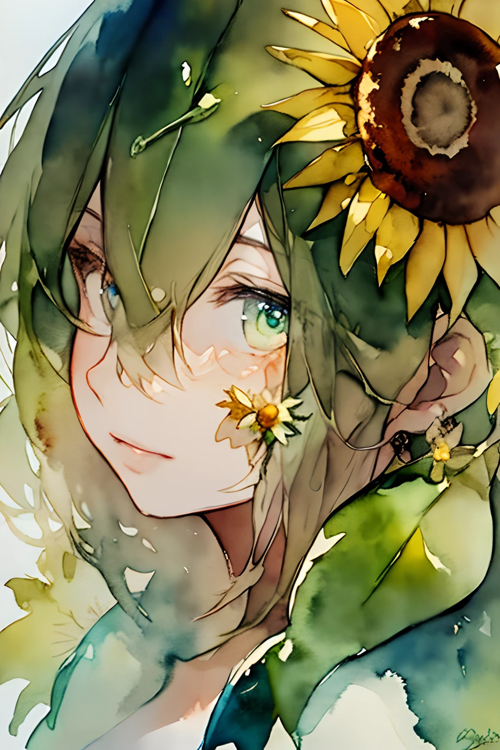 Anime girl with sunflower in her hair and green leaves - SeaArt AI