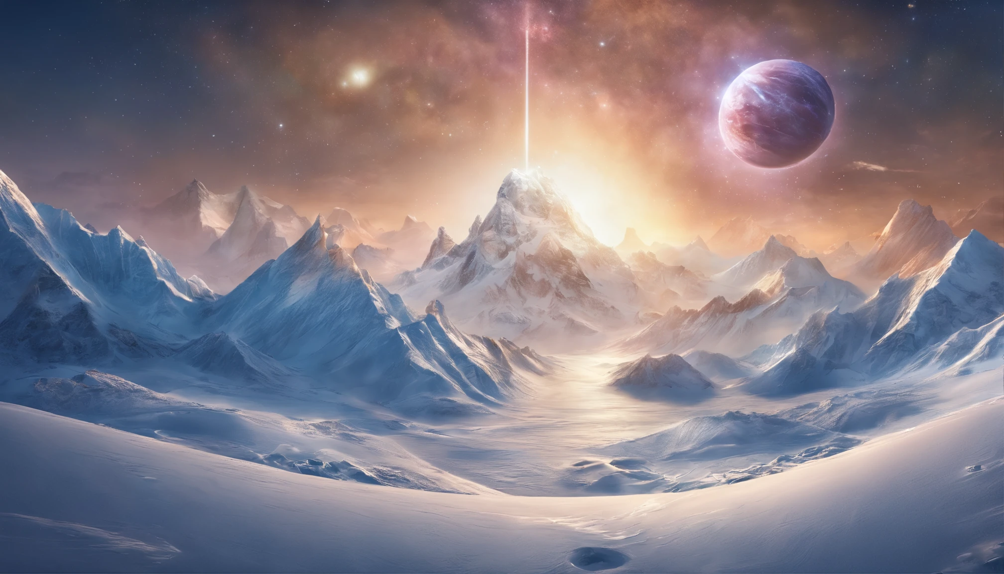 huge planet, the night, starrysky, surrealism, masutepiece, hight resolution、Impressive Milky Way:1.9、sand beach、Blue Sea、drift ice、lightning bolt:1.9、snow mountains、Mount Everest