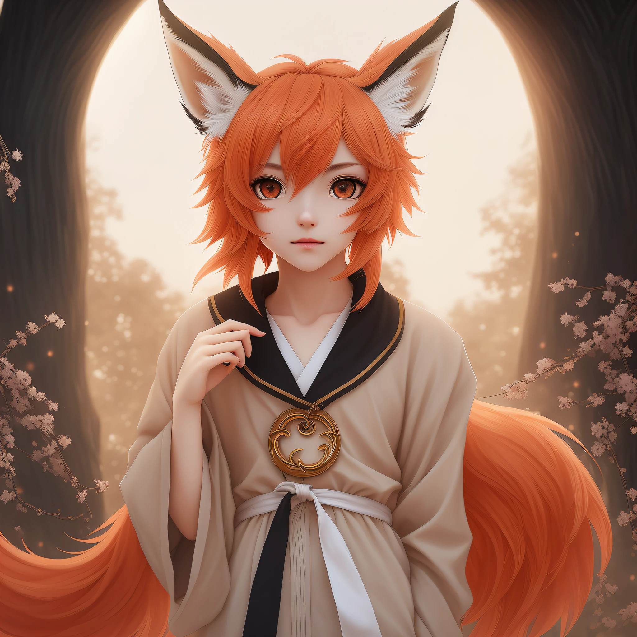femboy, androgynous, highres, masterpiece, 4k, detailed, orange eyes, orange hair, animal_ears, tail, fox_tail, fox_ears, animal_ear_fluff, fox_boy, cute, neutral expression, one hand in the air, traditional japanese clothing, giant moon, night sky, artistic japanese trees, blush, realistic, adult, manly face, extremely detailed eyes, black collar with golden stripe
