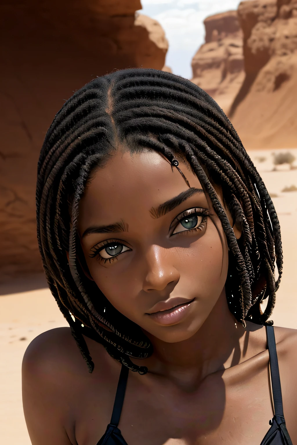 mulher negra, olhos castanhos, idade 17 anos, andando no deserto, cabelo cacheado, olhar sedutor