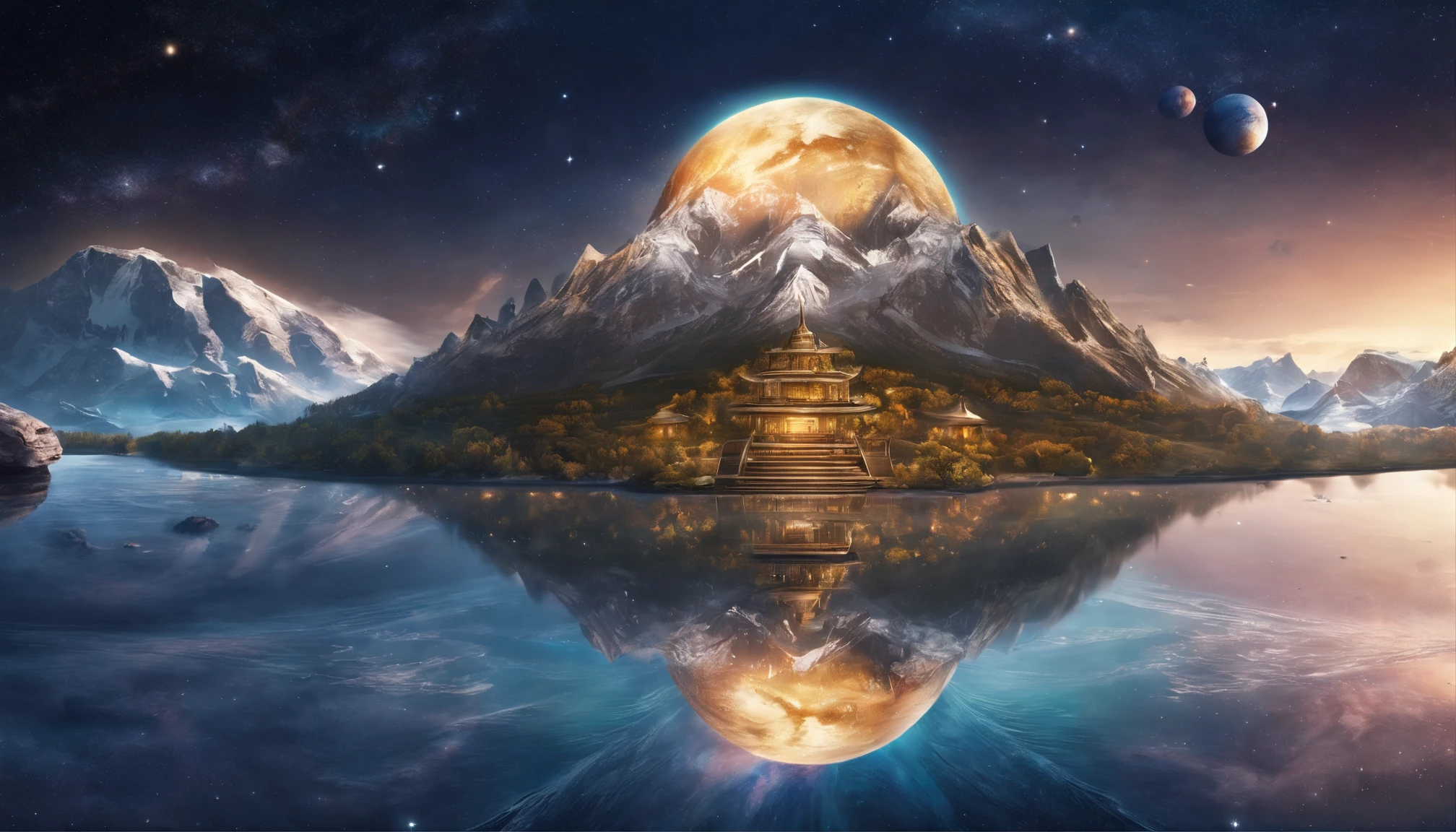 huge planet, the night, starrysky, surrealism, masutepiece, hight resolution、Impressive Milky Way:1.9、sand beach、Blue Sea、drift ice、lightning bolt:1.9、snow mountains、Mount Everest