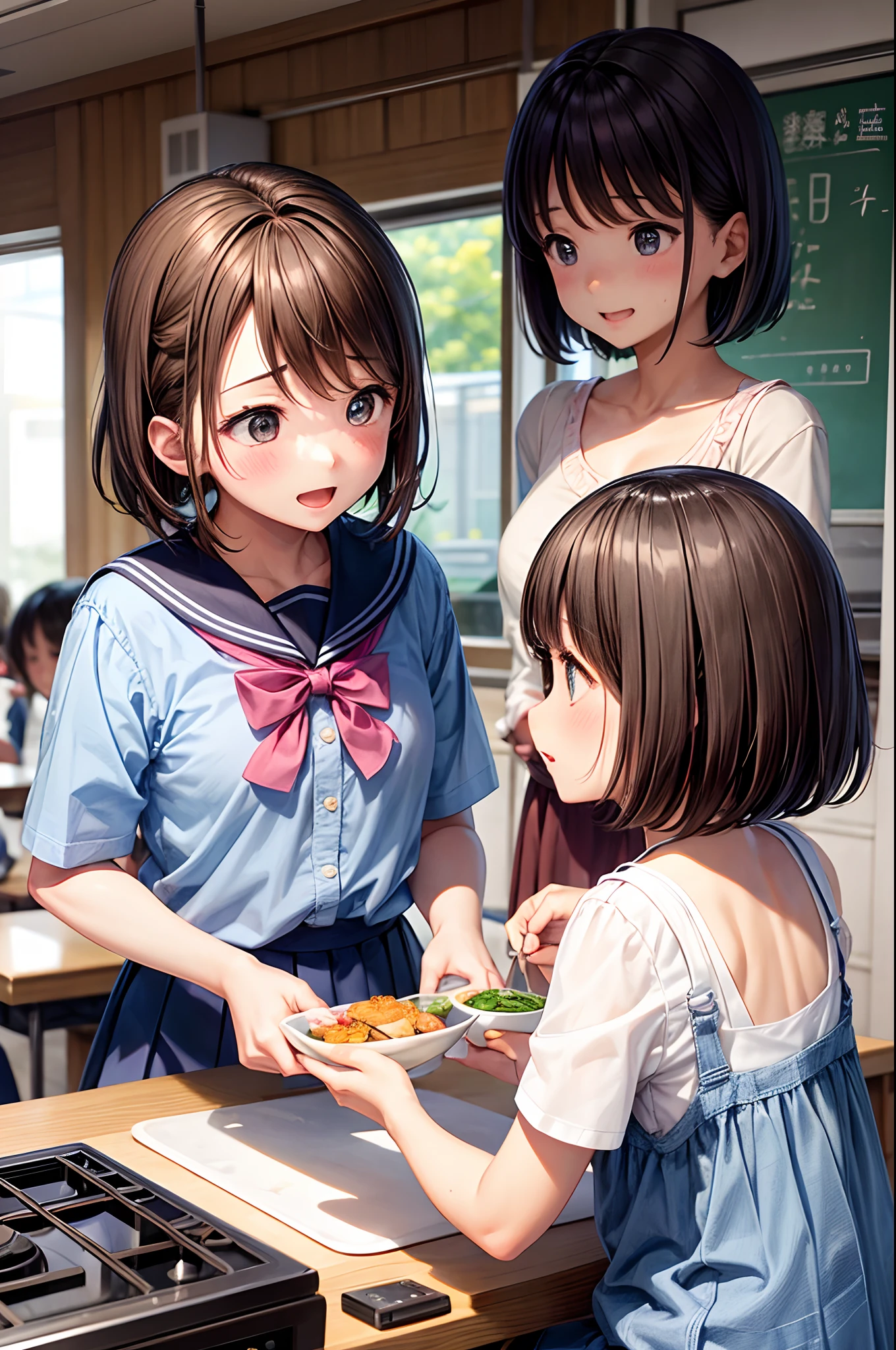 School classroom、Ampang、ordinary bread、Curry bread、Melon bread、Crowded、butter、cheese、Light blue micro bikini big breasted sisters hug、barefoot、many friends、Kabao、Baikinman、Dokin-chan