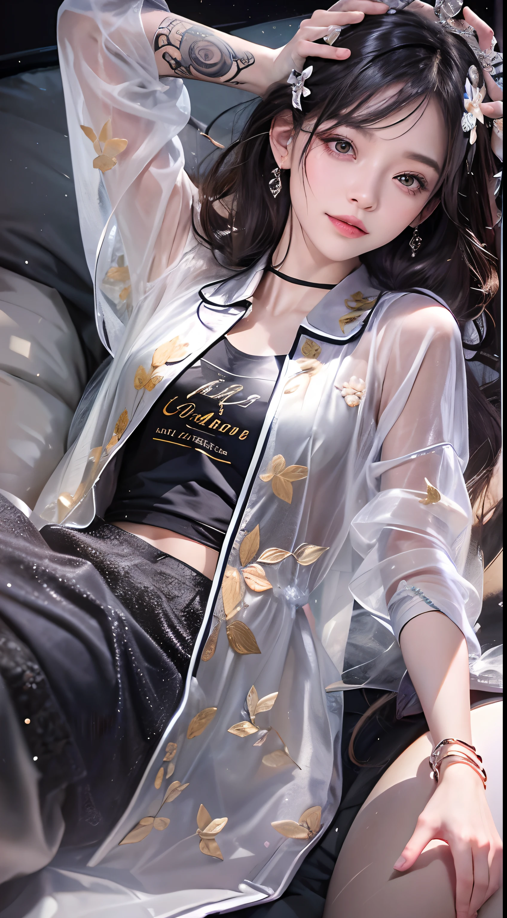 1girll,（enchanced quality：1.4），（Top quality true texture skin), Delicate face,Black hair, Gradient hair, Petite body,（perfect bodies：1.1）, There are precious stones on the forehead, rimless eyewears, Sparkling pupils，long eyelasher,grin, hyper photorealism, Cinematic lighting, projected inset, surrealism, hyper HD, Masterpiece, 16k，Lie down，dream on，Wear transparent silk pajamas,Carmelto,Legs slightly open，Tattooed with，Fantasy space，Luxurious space