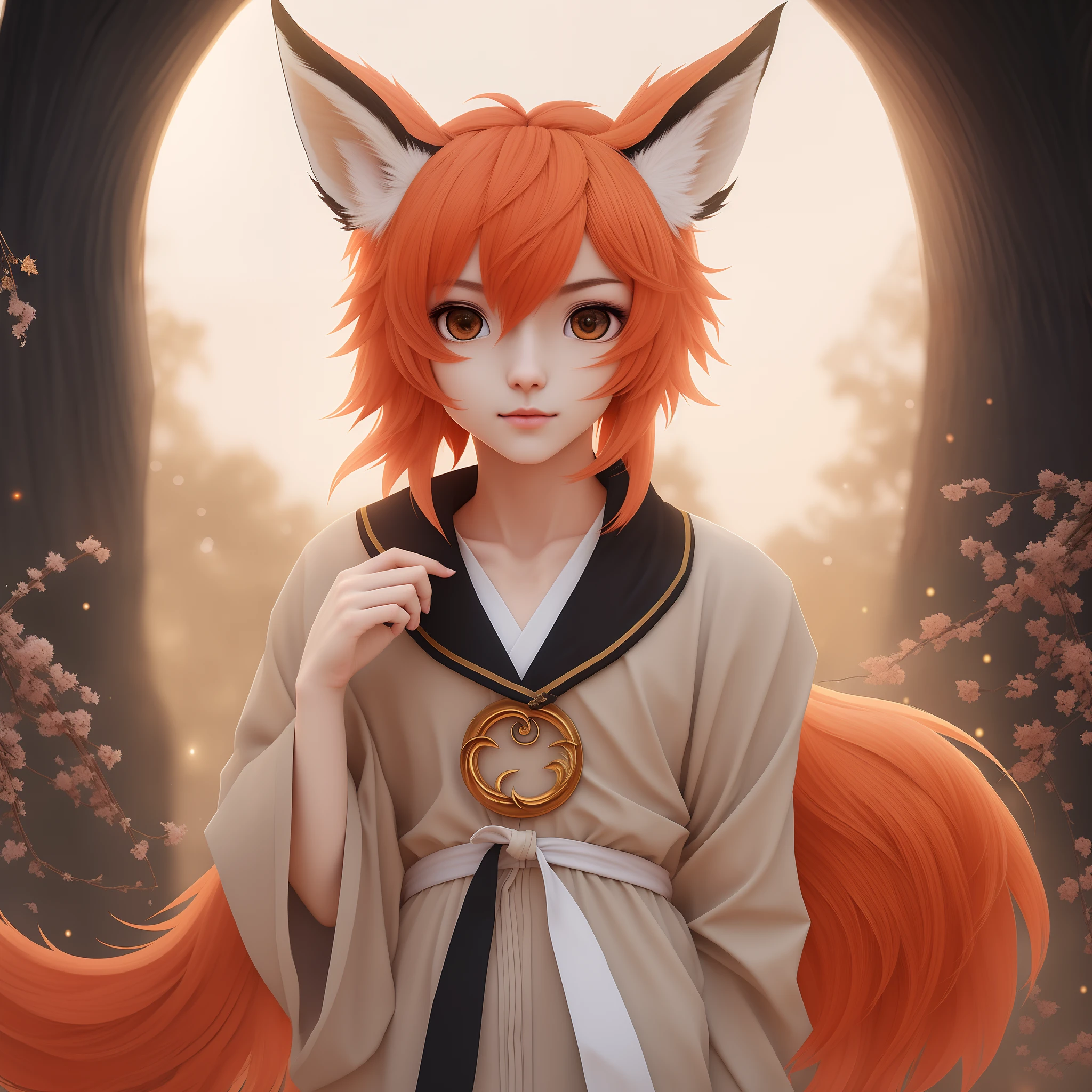 femboy, androgynous, highres, masterpiece, 4k, detailed, orange eyes, orange hair, animal_ears, tail, fox_tail, fox_ears, animal_ear_fluff, fox_boy, cute, neutral expression, one hand in the air, traditional japanese clothing, giant moon, night sky, artistic japanese trees, blush, realistic, adult, manly face, extremely detailed eyes, black collar with golden stripe