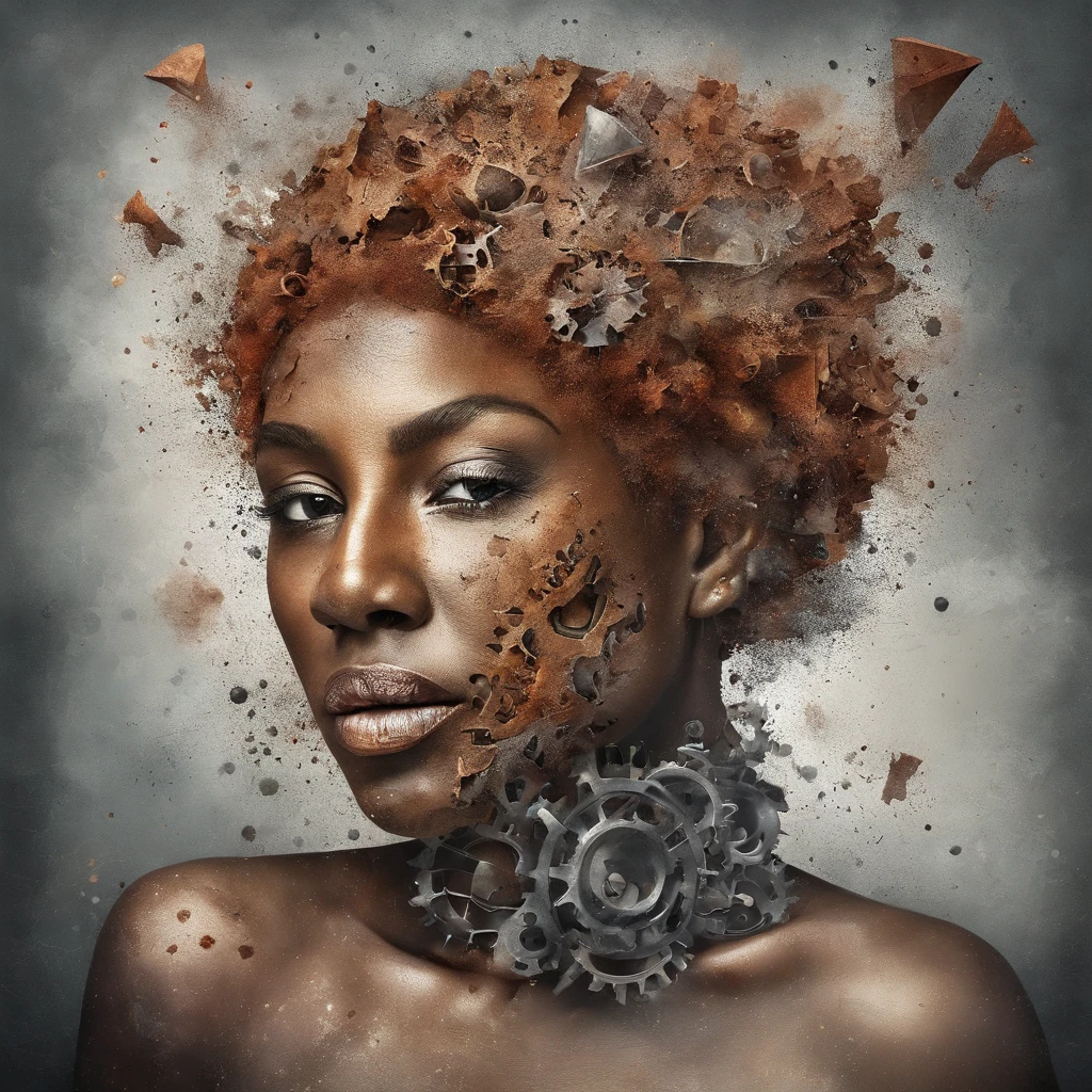 3D puzzles , Good looks  , Redhead, Explosive warhead, Machine parts embedded in the face, volatile, inspired by Igor Morski, dramatic artwork, photomanipulation, photo manipulation, disintegration,, explosion of data fragments, Humph, offcial art, incredible high details, photoshop art, Noise effect, em cor azul escuro