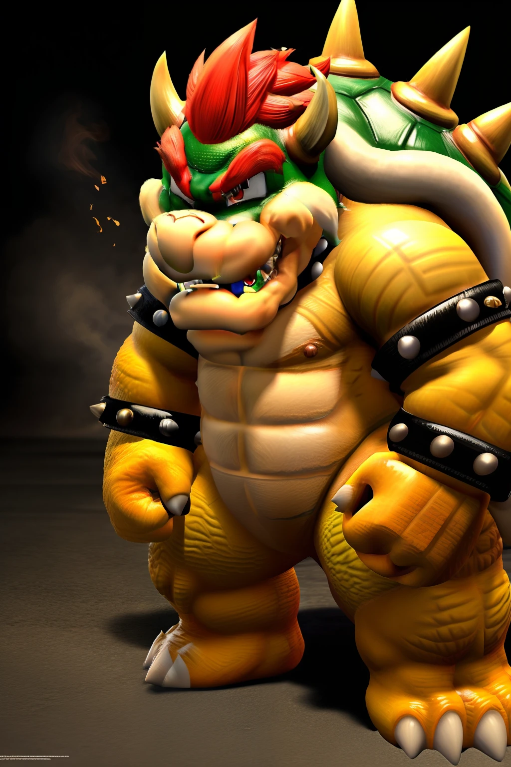 A male, fat, squatting, Bowser Koopa, with a penis and nipples, Birthing koopalings through the penis, sperm everywhere, Bowser is wearing glossy white rubber gloves on the hands and feet, Bowser is wearing a glossy black leather dog collar around the neck with silver studs around the collar, Bowser Koopa is clenching fists, clenching teeth, evil grin, orgasm face.