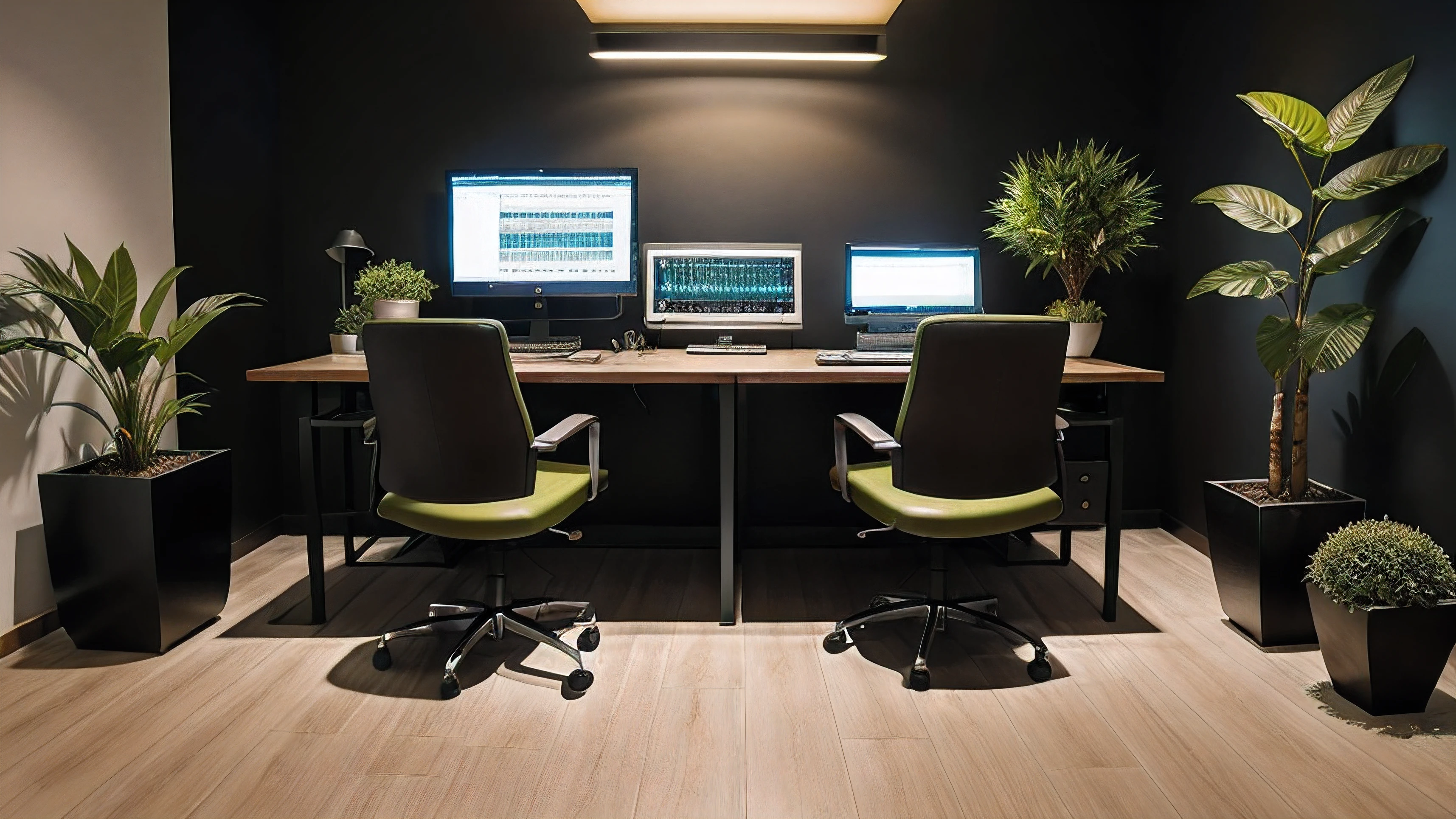 Create a modern office, amplo, grande, para uma pessoa apenas trabalhar, que impacte ao entrar nele, uma sala de trabalho com 1 monitor odyssey g5 de 40 polegadas em cima de uma mesa de madeira bem grande, office with recording studio style, com as cortinas fechadas, todas as cortinas fechadas, only the internal lighting, office in planned furniture, decorado para o mundo digital, office style cyber punk, This office has warm and poor lighting, ambiente ambar, tem ar condicionado, There are pots with decorative plants very green and alive and also has a saltwater aquarium with clown fish lit and large, this office needs to be big, amplo, with a comfortable black leather chair