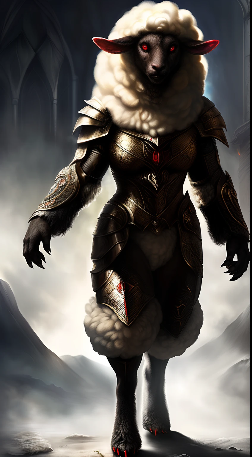 (Best Quality,Ultra-detailed,Realistic:1.37)、anthology、 Fierce sheep, Solo, Sheep Woman in Armor, Atrocious、cruel、offensive、Evil face、sharp claws、Detailed red eyes, Standing,sharp sheep horns、 (realistic fur, furr, realistic fur texture:1)、Horror movie lighting、 (Full body:1.8)