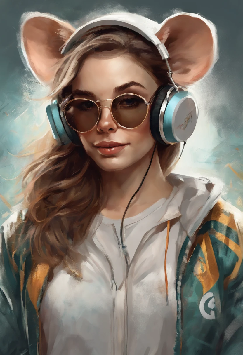 Perfect centering, Cute mouse, Wear a student team jacket, Wearing sunglasses, Wearing headphones, cheerfulness, Standing position, Abstract beauty, Centered, Looking at the camera, Facing the camera, nearing perfection, Dynamic, Highly detailed, smooth, Sharp focus, 8K, high definition resolution, illustration, Art by Carne Griffiths and Wadim Kashin, White background