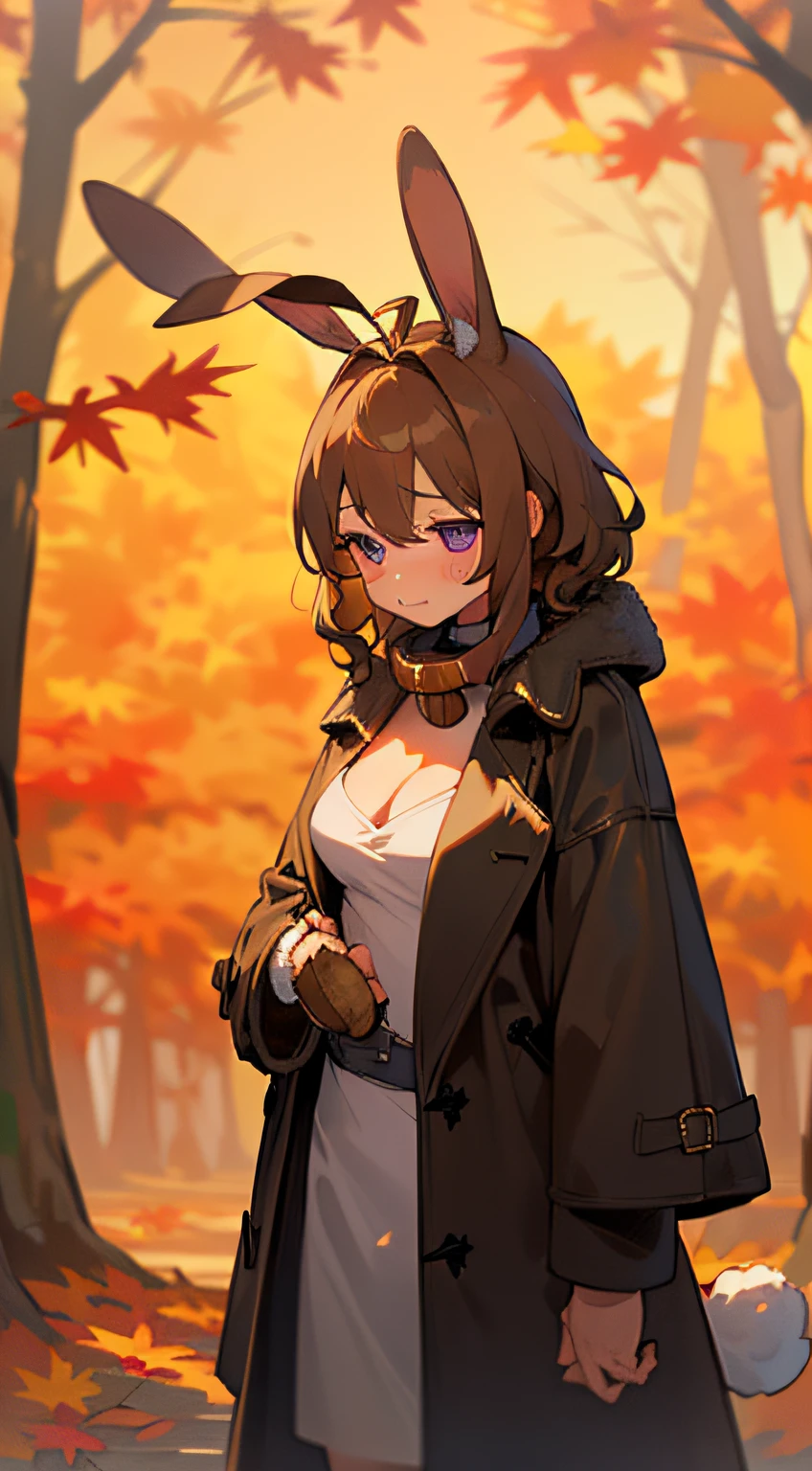 Cute, (1 girl:1.1), Solo, (light brown hair:1.3), Medium Hair, Wavy Hair, Purple eyes, Shy face, Ahoge, (Rabbit tail:1.4), (Rabbit tail:1.3), Princess Cut, (muffler:1.8), (coat:1.6), (Autumn clothes:1.6), (Chibi:1.0), (Slouch:1.4), (cleavage:1.4)