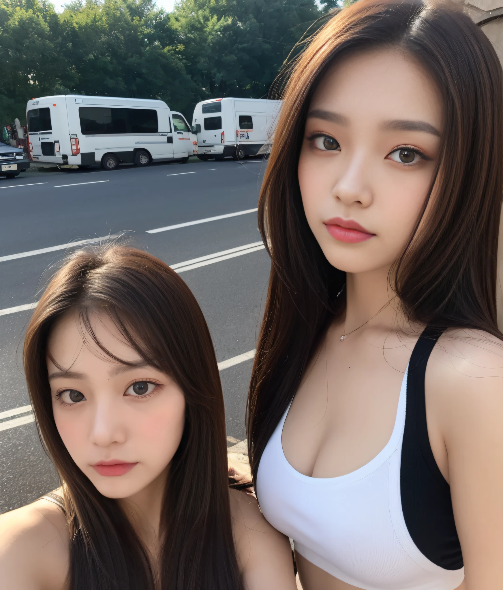 ((Best quality, 8K, Masterpiece :1.3)), Sharp focus :1.2, perfect figure beautiful woman:1.4, Slim abs:1.2, ((Layered Hair Style, mischievous expression:1.2)), (Tank top shirt:1.1 ), (the street:1.2), Highly detailed facial and skin texture, 詳細な目, 二重まぶた,Keep one's mouth shut,