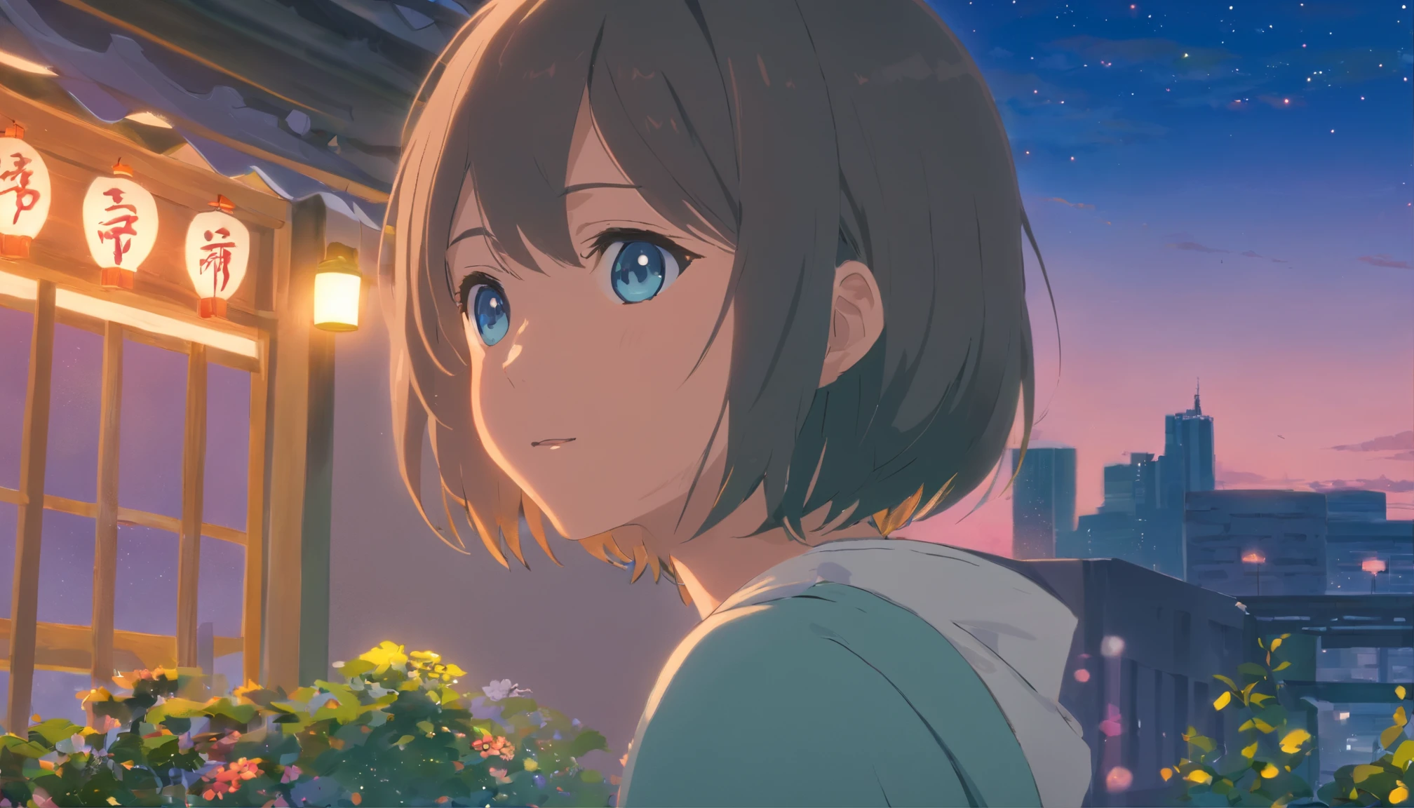 Best quality at best,tmasterpiece,The is very detailed,Face details,8K, detailed back ground,1girll,独奏,cyan more blue soft hair,eBlue eyes,,long whitr hair,wavey hair,voluminous hair,,,Blushlush,ssmile,Shawl,Chinese city,Chinese service,the night,themoon,scenecy,high place,horizon,ventania,wind blown,flowerbed,looking at viewert
