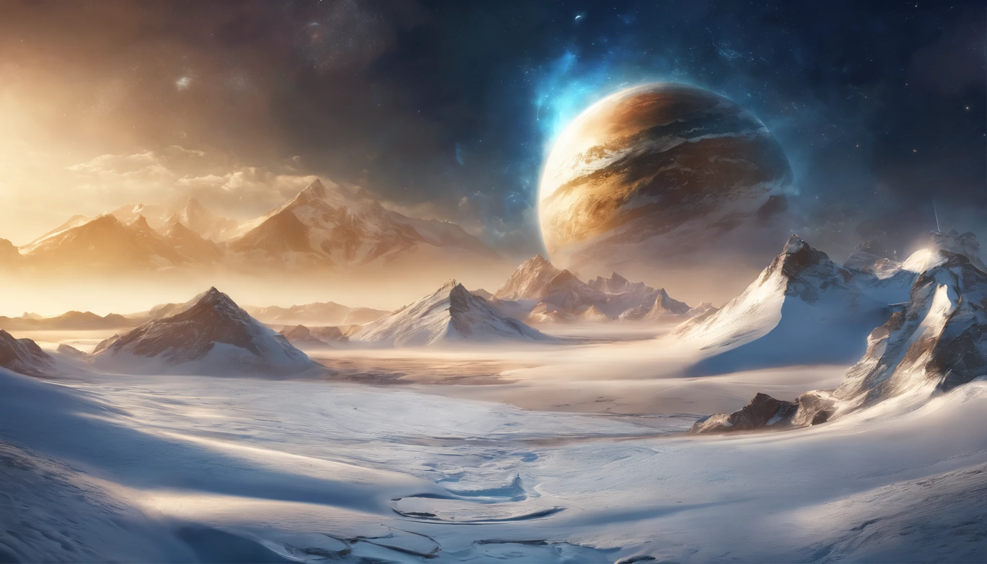 huge planet, the night, starrysky, surrealism, masutepiece, hight resolution、Impressive Milky Way:1.9、sand beach、Blue Sea、drift ice、lightning bolt:1.9、snow mountains、Mount Everest