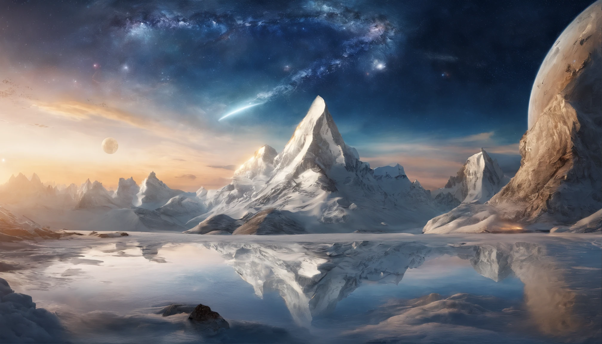 huge planet, the night, starrysky, surrealism, masutepiece, hight resolution、Impressive Milky Way:1.9、sand beach、Blue Sea、drift ice、lightning bolt:1.9、snow mountains、Mount Everest