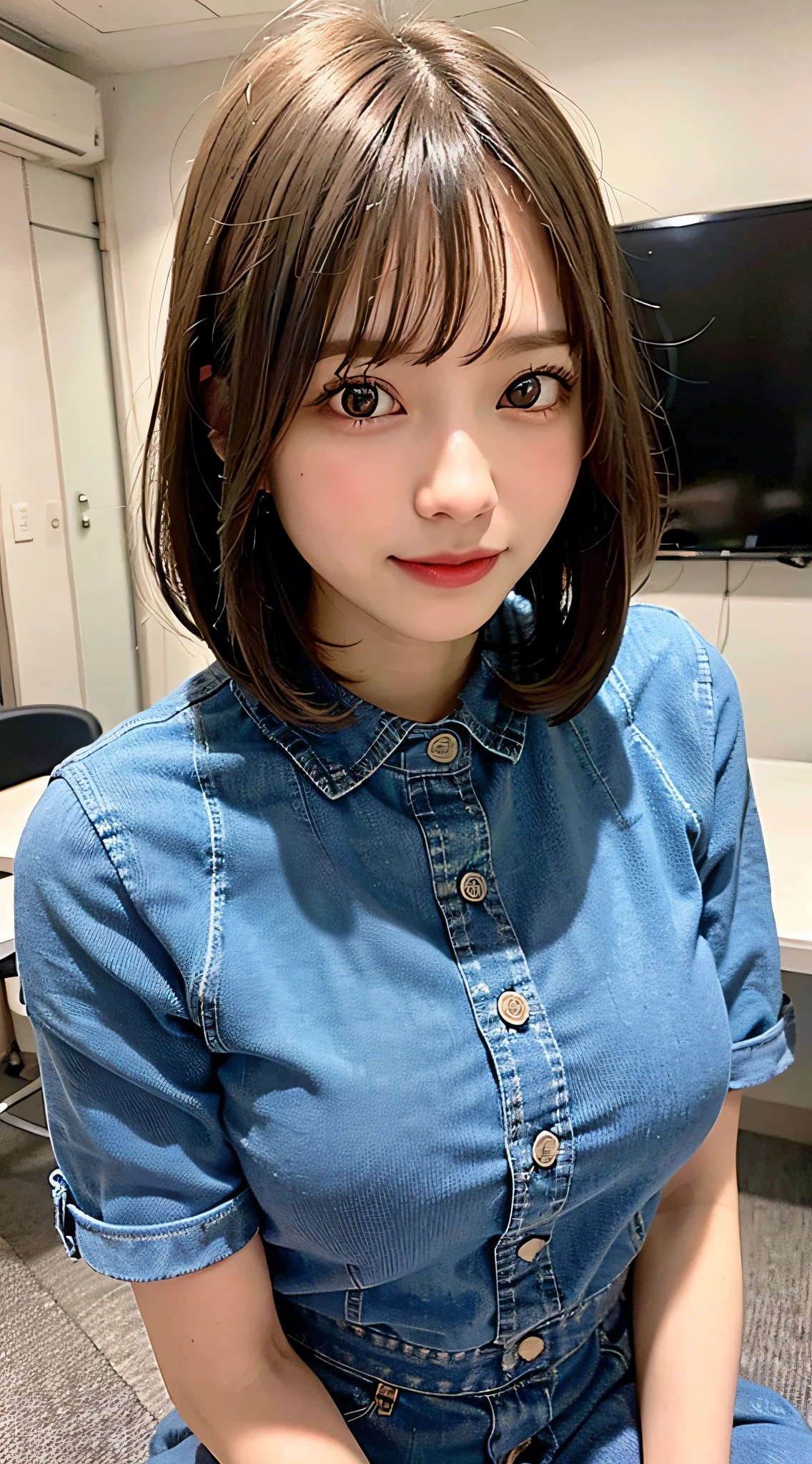 (8K, Raw photo:1.2)Detailed face and eyes,Best Quality, 超A high resolution, Highly detailed ,intricate detailes ,masutepiece ,Cute Girl , Soft cinematic light, Hyper-detailing,Sharp Focus, High quality, Blonde hair, bob cuts, tits out,denim dress, Spread your legs apart, pantiy,NSFW
