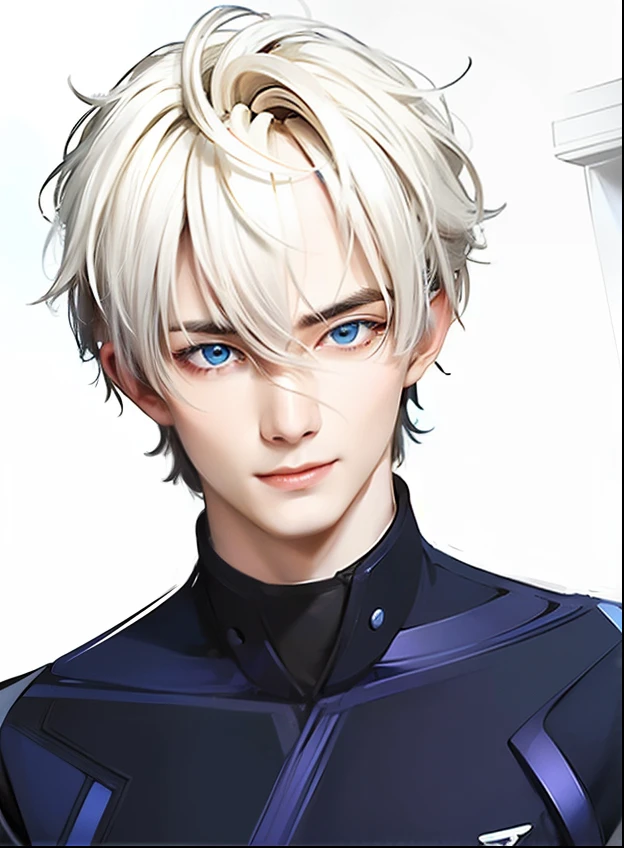 masculine male, masterpiece, ((perfect eyes)) best quality, (semirealism:1.9), beautiful lighting, (extremely detailed CG unity 4k fhd wallpaper), High Detail, Sharp focus, dramatic outdoors, 1 boy ,19 years old, white hair, light purpel eyes, smile.