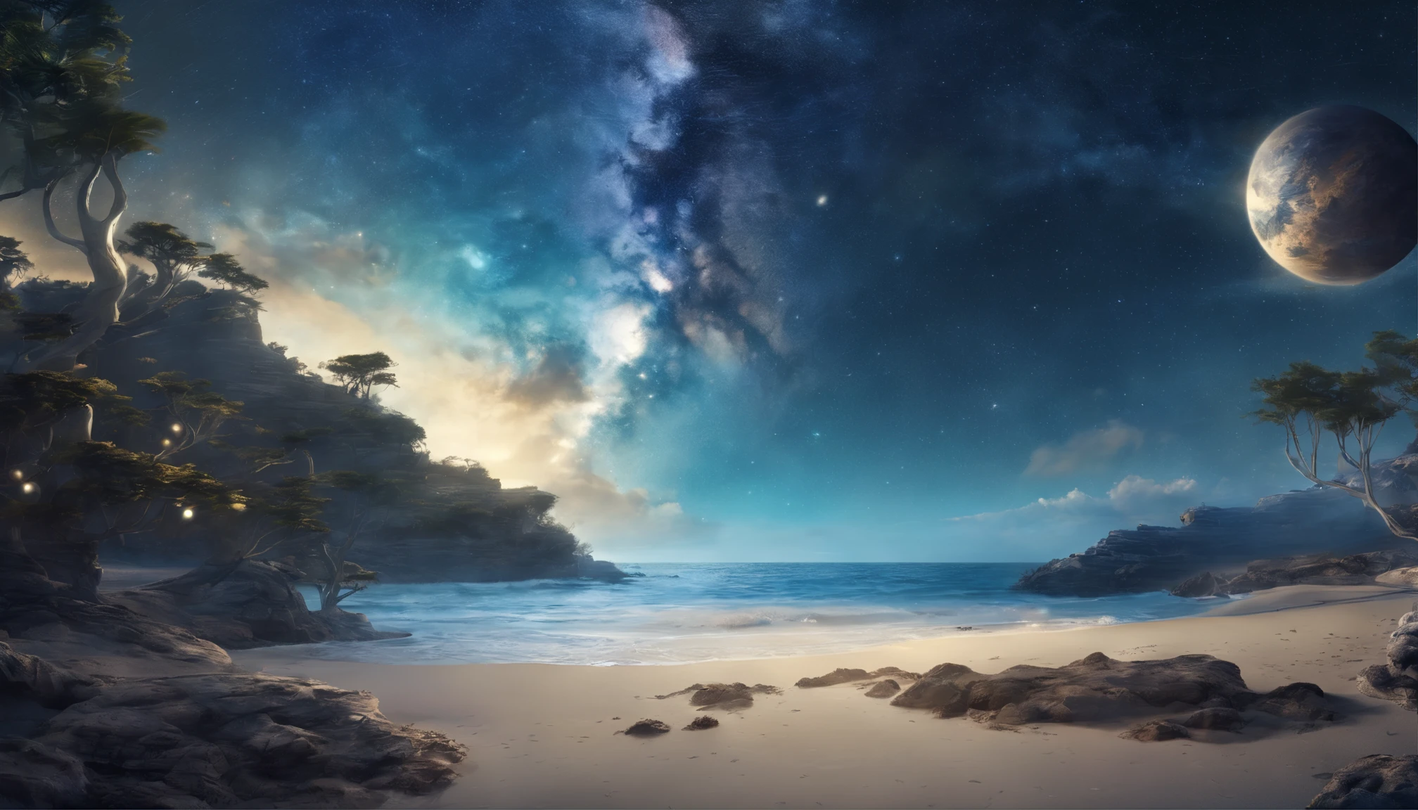 huge planet, the night, starrysky, surrealism, masutepiece, hight resolution、Impressive Milky Way:1.9、sand beach、Blue Sea、glacia、lightning bolt:1.9
