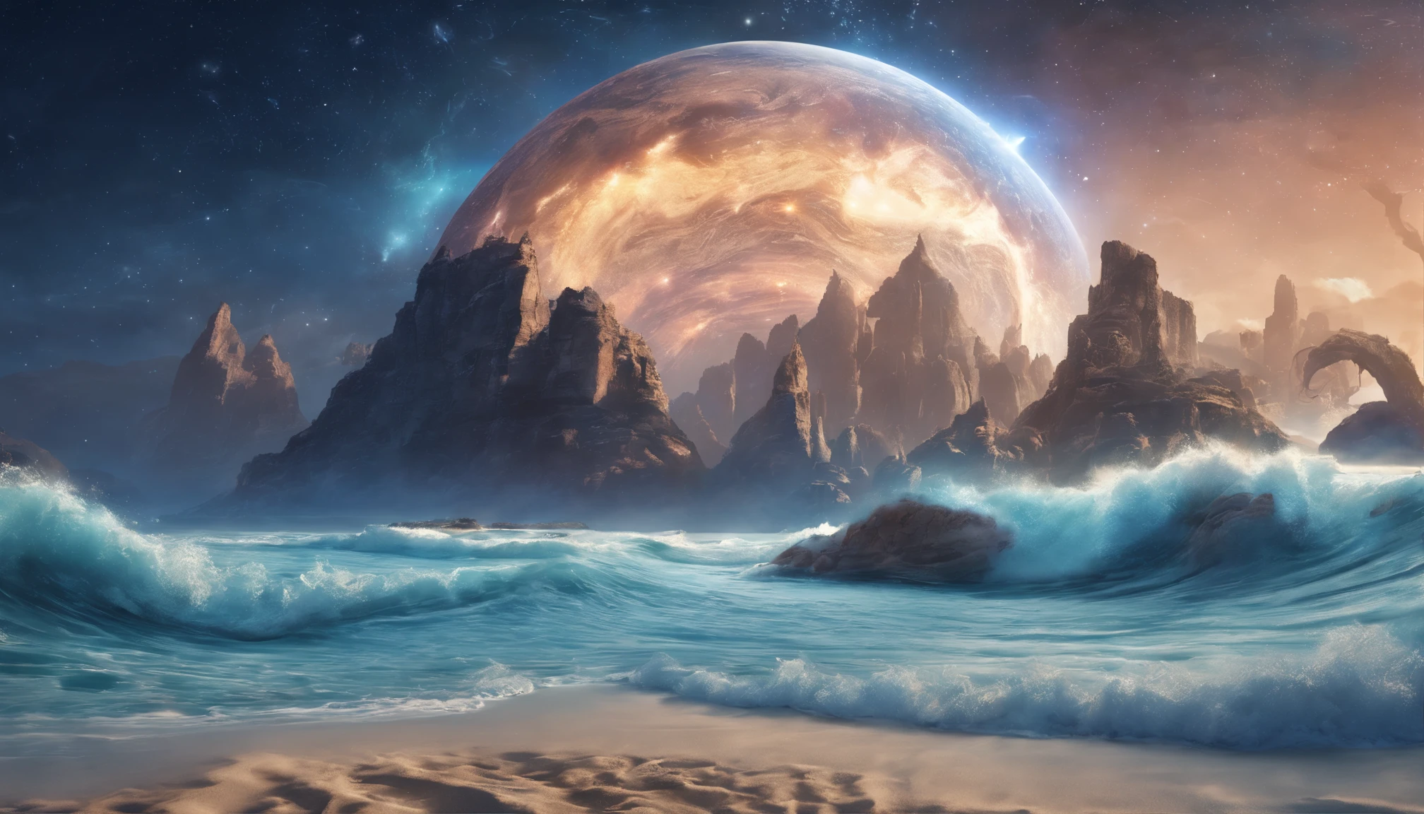 huge planet, the night, starrysky, surrealism, masutepiece, hight resolution、Impressive Milky Way:1.9、sand beach、Blue Sea、glacia、lightning bolt:1.9