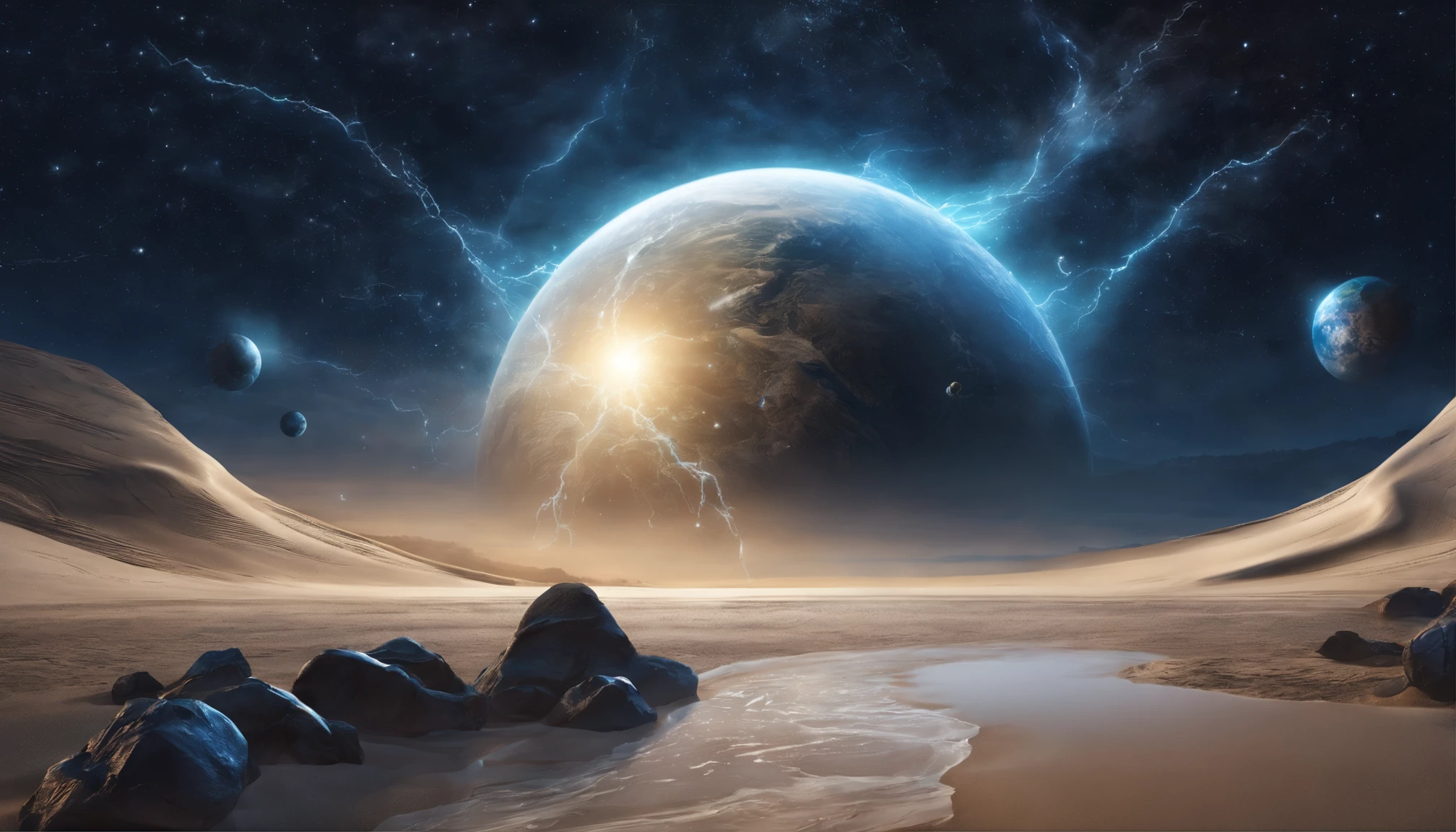 huge planet, the night, starrysky, surrealism, masutepiece, hight resolution、Impressive Milky Way:1.9、sand beach、Blue Sea、glacia、lightning bolt:1.9