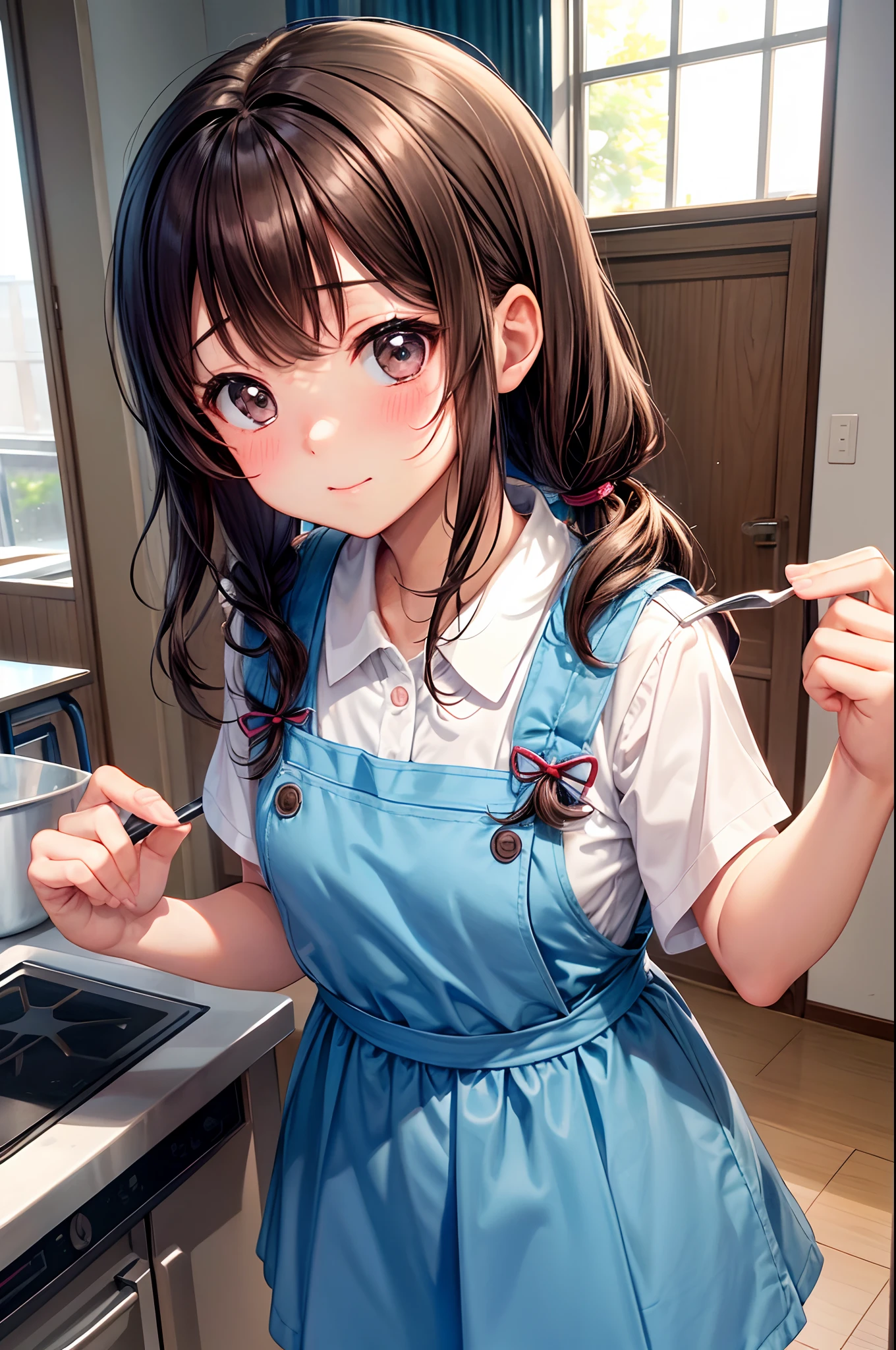 hi-school girl、、summer clothing、、be shy、Very cute、Twin-tailed、Brown hair、gals、Classroom、Cooking Practice、I want to blush、Turning Pripan、pinafore、Having a ladle、Hand over the lunch box、