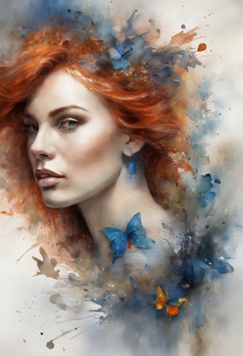 1girll,3D puzzles , Good looks , Redhead, Explosive warhead, Machine parts embedded in the face, volatile, inspired by Igor Morski, dramatic artwork, photomanipulation, photo manipulation, disintegration,, explosion of data fragments, Humph, offcial art, incredible high details, photoshop art, Noise effect, em cor azul escuro