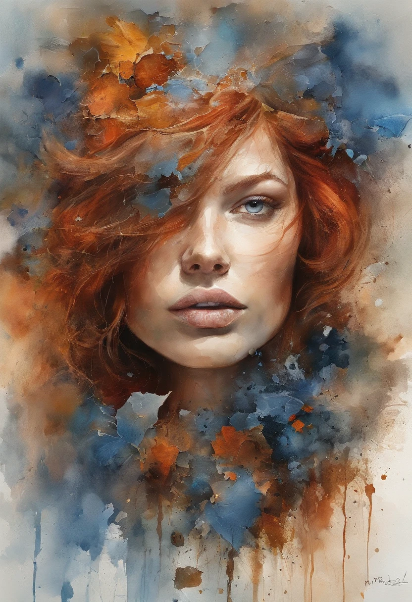 1girll,3D puzzles , Good looks , Redhead, Explosive warhead, Machine parts embedded in the face, volatile, inspired by Igor Morski, dramatic artwork, photomanipulation, photo manipulation, disintegration,, explosion of data fragments, Humph, offcial art, incredible high details, photoshop art, Noise effect, em cor azul escuro,explosion of colors,abstract colors all over the frame,soft colors