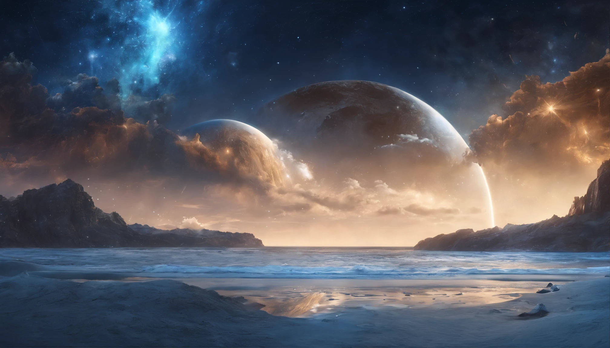 huge planet, the night, starrysky, surrealism, masutepiece, hight resolution、Impressive Milky Way:1.9、sand beach、Blue Sea、Blue glacier、lightning bolt:1.9