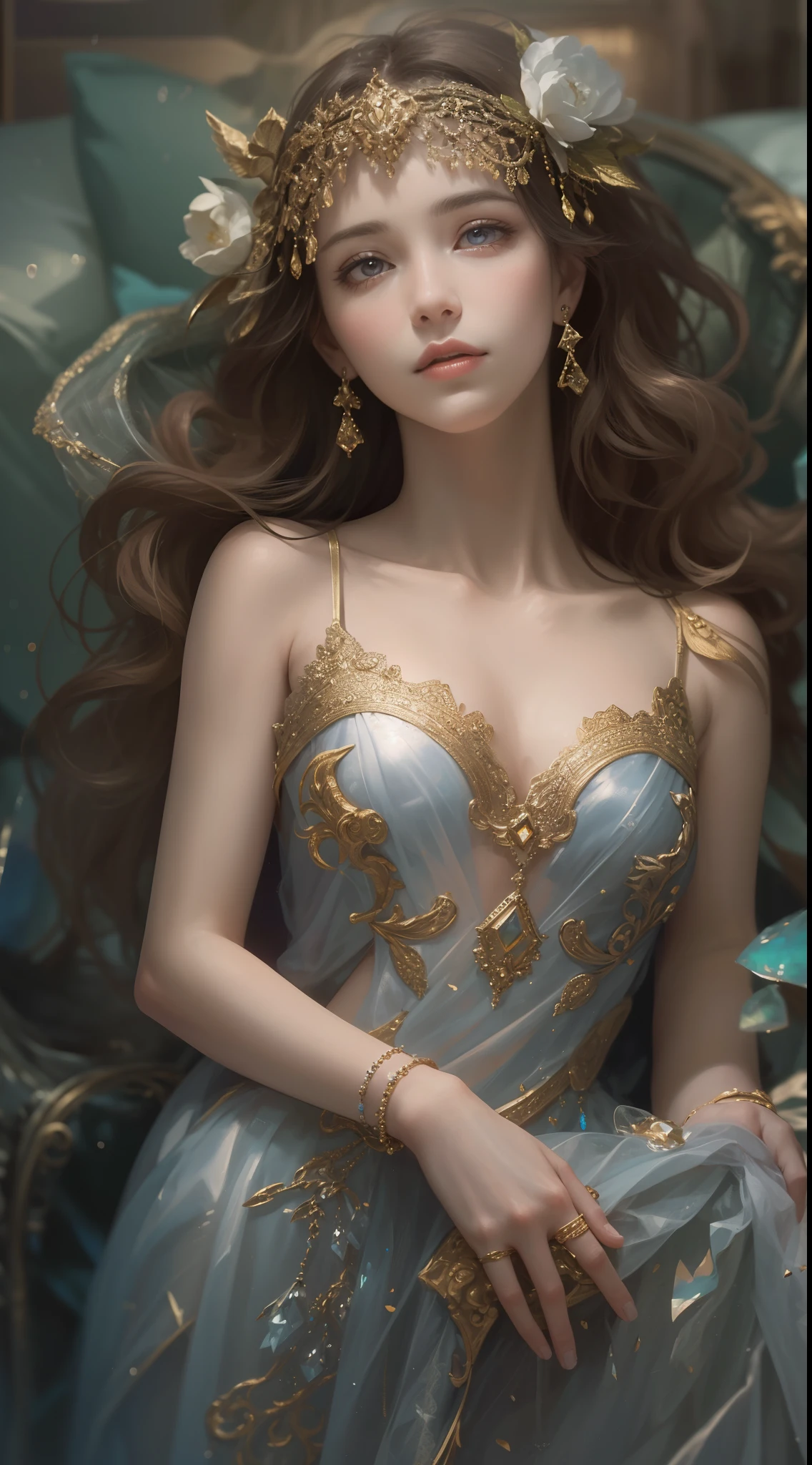 A mesmerizing portrait of a woman, inspired by the artistry of Gustav Klimt. The woman, her features rendered in hyper-realistic detail, is adorned with intricate patterns and motifs reminiscent of Klimt's iconic style. The lighting is soft and diffused, casting a warm glow on her figure and the ornate decorations. The color palette is rich and vibrant, with a focus on golds and jewel tones, a signature of Klimt's work. The composition is carefully balanced, with the woman centrally positioned in the frame. The image is to be generated with a high-resolution 16k, using a virtual 85mm lens, with a focus on sharpness and depth-of-field