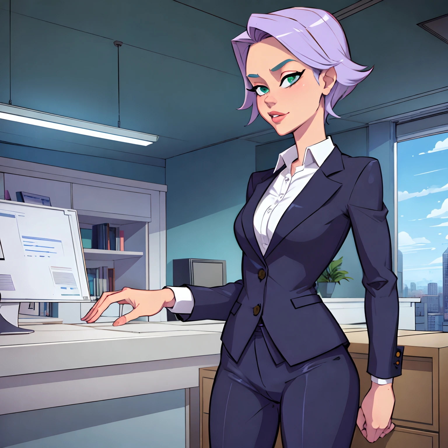 Best qualilty, masterpiece, 1girl, turqoise office suit and pants, medium short hair, lavender hair, cowboy shot, green eyes, office, secretary