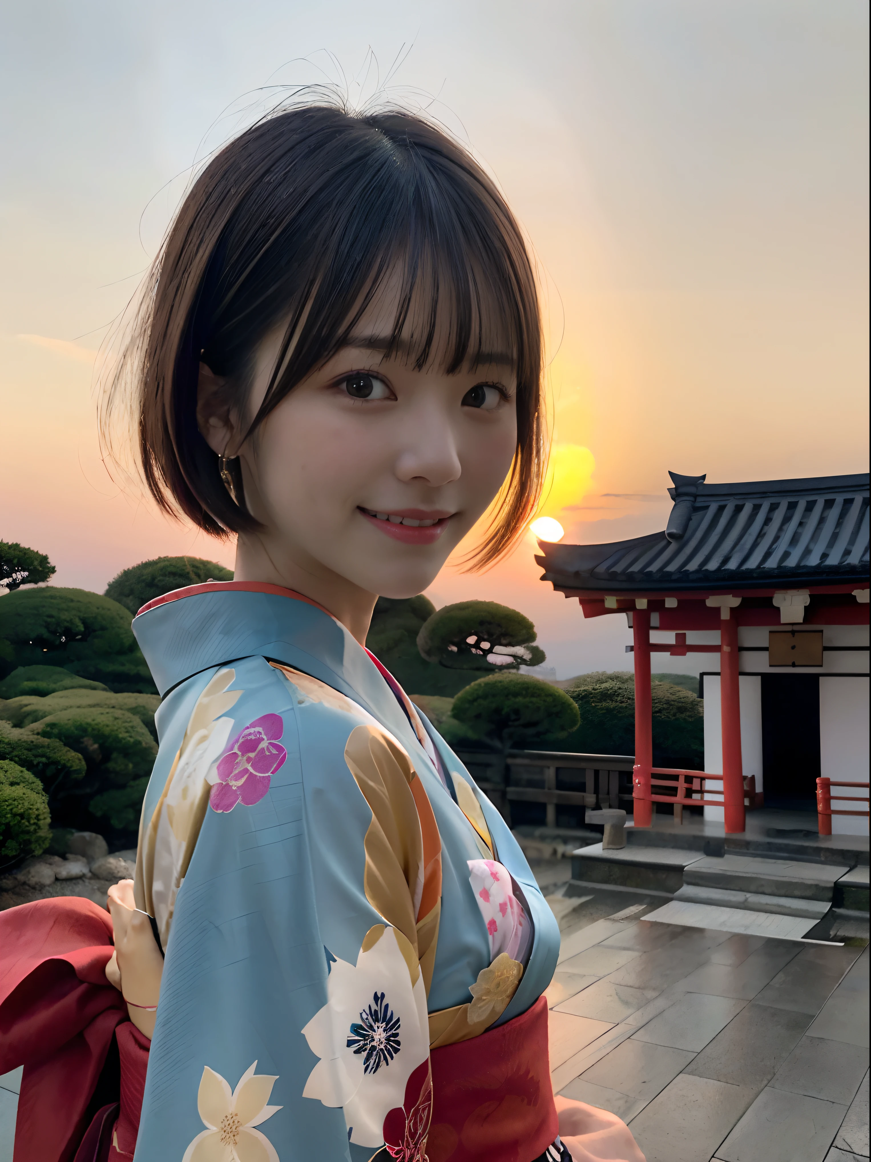 (Close up portrait of two ladies with dull bangs short hair in beautiful colorful kimono:1.5)、(Two ladies enshrining a shrine in Japan with smiles:1.3)、(A shrine in Japan with a winter sunset red sky:1.5)、(Perfect Anatomy:1.3)、(No mask:1.3)、(complete fingers:1.3)、Photorealistic、Photography、masutepiece、top-quality、High resolution, delicate and pretty、face perfect、Beautiful detailed eyes、Fair skin、Real Human Skin、pores、((thin legs))、(Dark hair)
