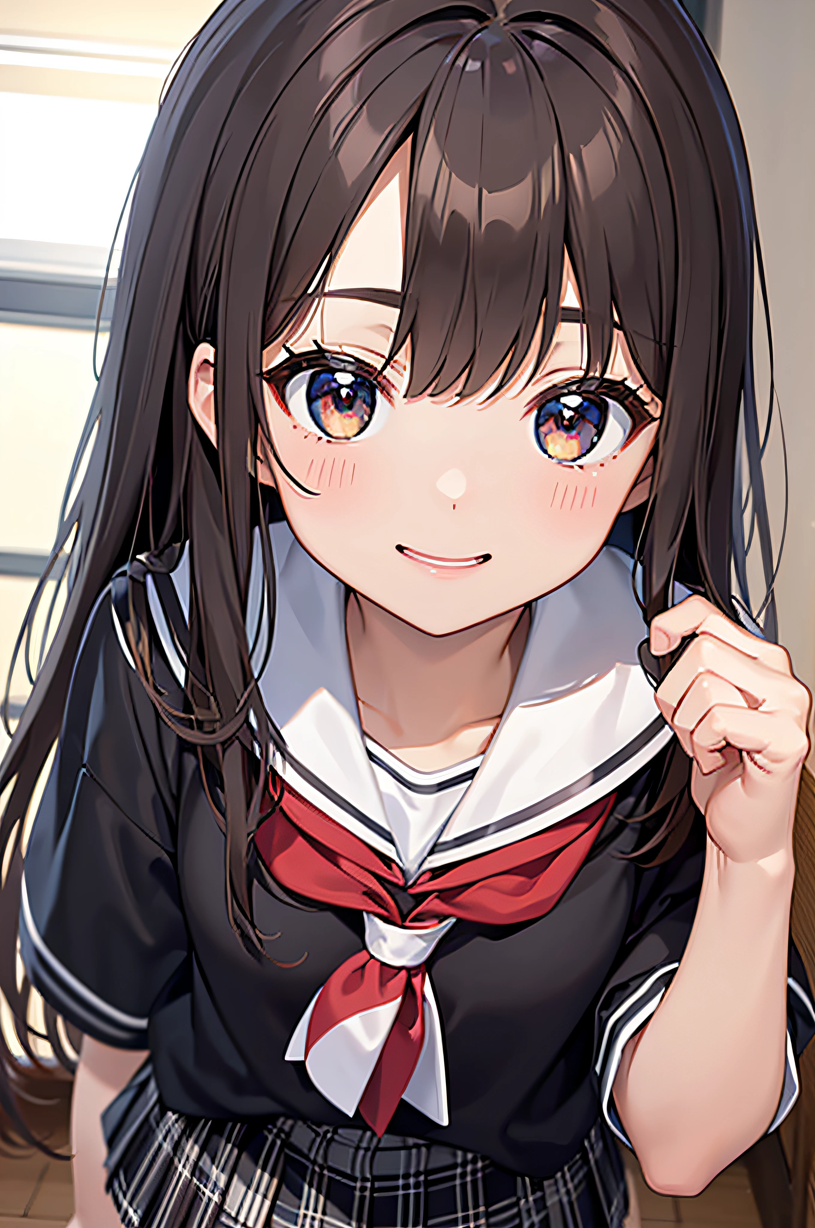 15yo student、brown haired、beautidful eyes、real looking skin、hi-school girl、small tits、(8K、masterpiece)、(reallistic、Photorealsitic)、top-quality、ighly detailed、The ultra-detailliert、Beautie、cute little、japanes、A smile、Close-up portrait、Healthy face、School uniform、plaid skirts