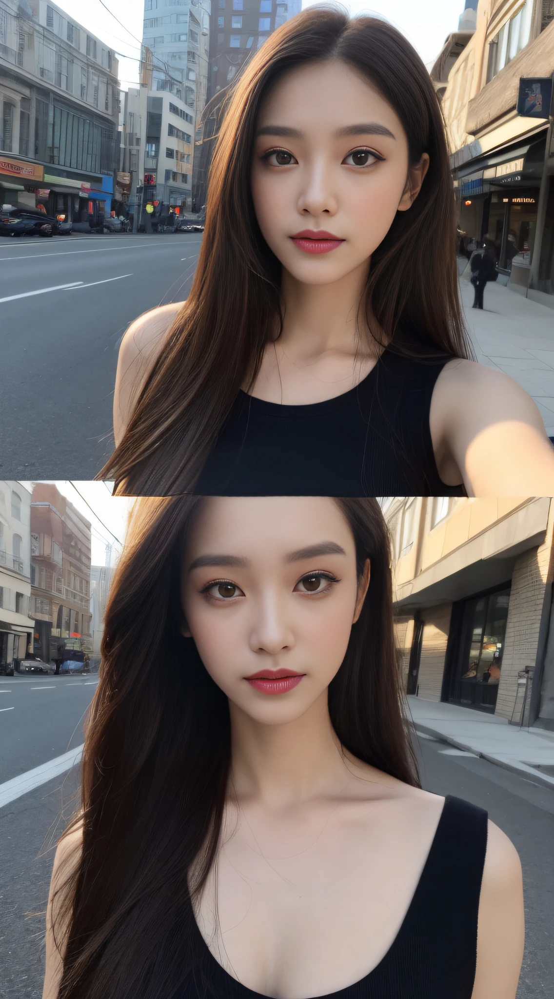 ((Day, Best Quality, 8K, Realistic)), Full Body: 1.4, Slender Abs: 1.2, ((Long dark brown hairstyle, Medium Breasts: 1.2)), (Black korean slimfit crop top: 1.2, White long pants: 1.1, Standing: 1.2), (Outdoor, Road, Traffic, Realistic background: 1.1, Day lights: 1.2), Highly detailed face and skin texture, detailed eyes, double eyelids, half body camera view, selfie camera view, (Side face looking at the camera, Holding the camera: 1.2, Selfie: 1.2)