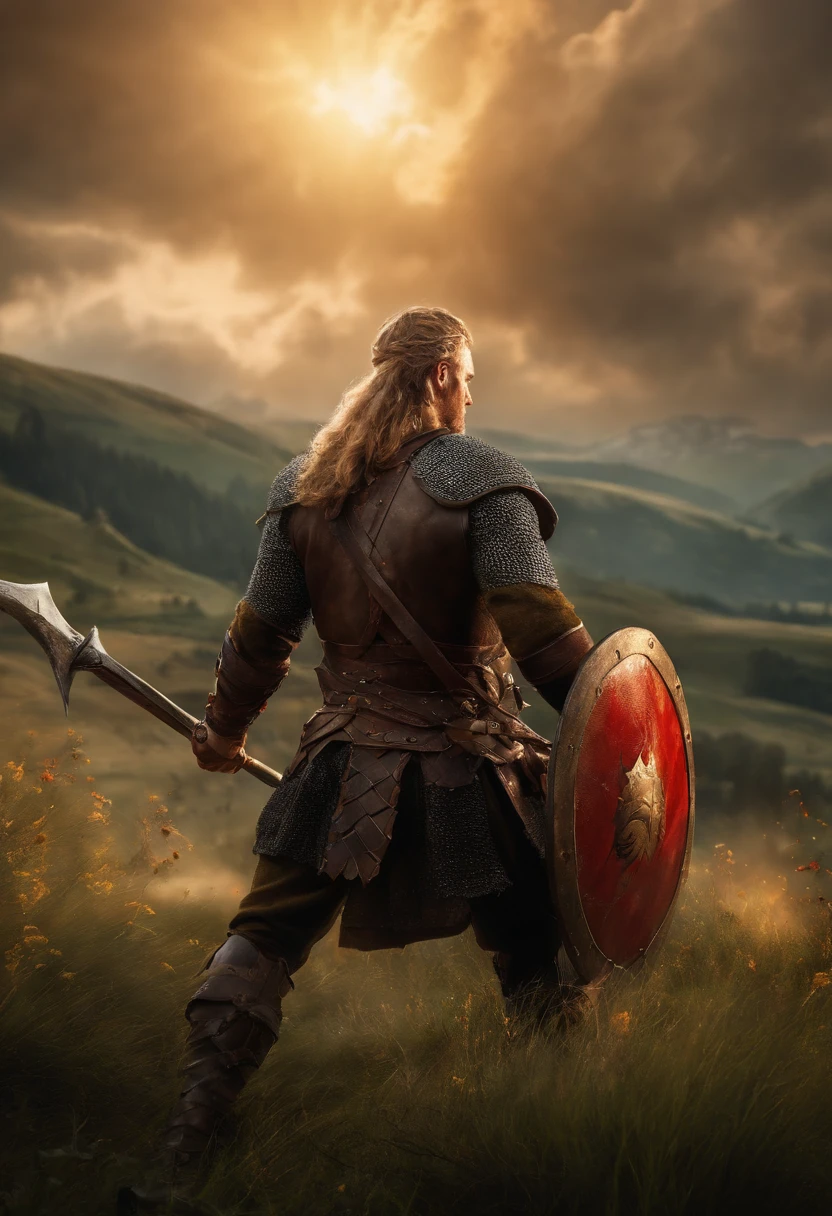 (best quality,4k,8k,highres,masterpiece:1.2),ultra-detailed,(realistic,photorealistic,photo-realistic:1.37),sunlight illuminates the battlefield on a green meadow,viking berserker standing over a vanquished enemy,axes covered in blood,victory spirit,exultation,flags,fire and arrows,illustration,enhanced textures,high contrast,raging battle scene,strong and intense emotions,billowing smoke,driven by adrenaline,chaotic and dynamic atmosphere,detailed armor and weapons,wild and untamed warrior,historical accuracy,rough and rugged,realistic battle damage,scars and bruises,grim determination,dark and ominous clouds,golden rays,blazing inferno,releasing arrows,proudly hoisting the flags,majestic presence of the berseker,fierce gaze,sinister grin,green grass,thick and luscious,flowers blooming,vibrant colors,natural beauty,impressive scale,warrior's adrenaline rush,ferocious battle cries,powerful swings of the axes,fast-paced action,evocative composition,creating a sense of movement and energy,in the heart of battle,the embodiment of victory and dominance,showcasing the triumph of the warrior spirit.