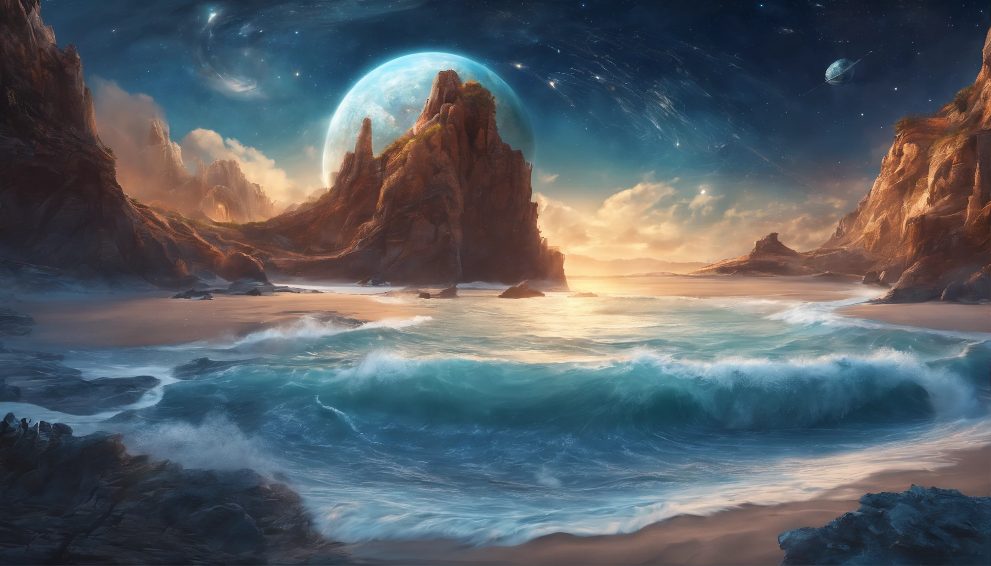 huge planet, the night, starrysky, surrealism, masutepiece, hight resolution、Impressive Milky Way:1.9、sand beach、Vast blue ocean、Blue glacier、lightning bolt:1.9