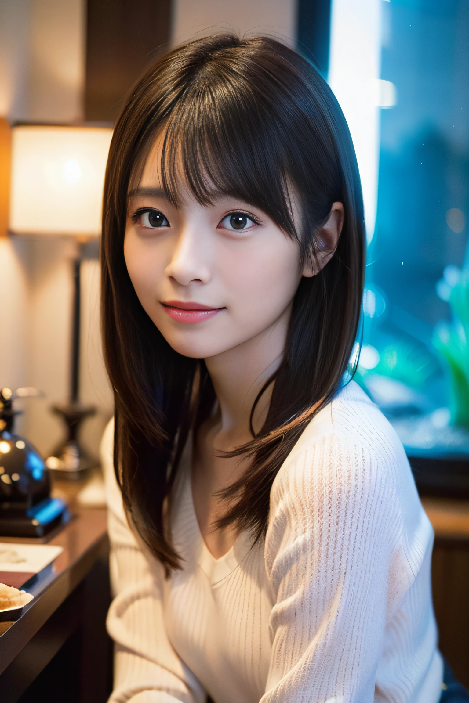 in 8K,Best Quality:1.4, 超A high resolution:1.5, (Photorealistic:1.4),masterpiece:1.2,(top-quality:1.4)、 Raw photo、(the background is blurred), aquariums、FULL BODYSHOT:1.5、 1日本人の女の子, Cute, (Solo), (A slight smil), Smooth skin、(30-years old:1.4)、to stand、Check miniskirt、Cute mini skirt、 (Brown medium hair,Bangs), (touch hair:1.4)、nogizaka、cute little、Supple fingertips,Beautiful black eyes、natural skin textures:1.3, realistic eyes and face details:1.7、middlebreasts、gazing at viewer、beauty legs、autumnal、long-sleeve、fish tank、penguin