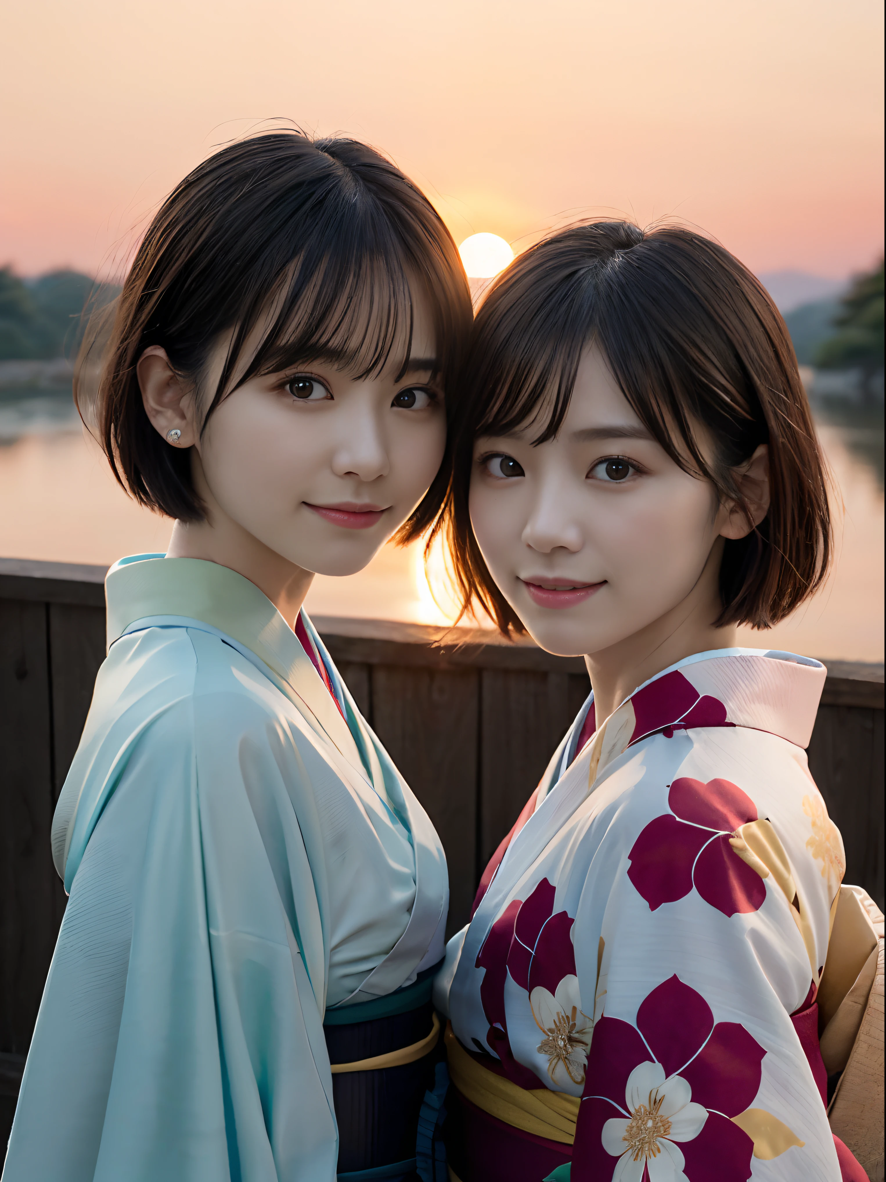 (Close up portrait of two ladies with dull bangs short hair in beautiful colorful kimono:1.5)、(Two ladies enshrining a shrine in Japan with smiles:1.3)、(A shrine in Japan with a winter sunset red sky:1.5)、(Perfect Anatomy:1.3)、(No mask:1.3)、(complete fingers:1.3)、Photorealistic、Photography、masutepiece、top-quality、High resolution, delicate and pretty、face perfect、Beautiful detailed eyes、Fair skin、Real Human Skin、pores、((thin legs))、(Dark hair)