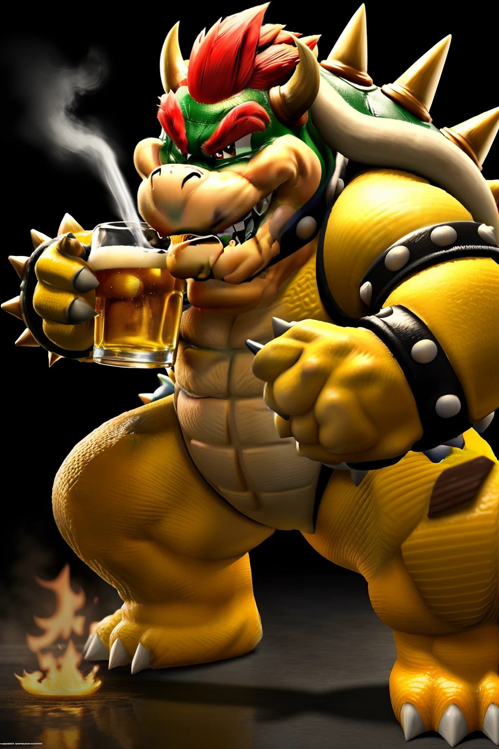 score_9, score_8_up, score_7_up, score_6_up, score_5_up, score_4_up, (1 perfect bowser), drinking coffee, (volcano background), ((full body view)), rating_safe
