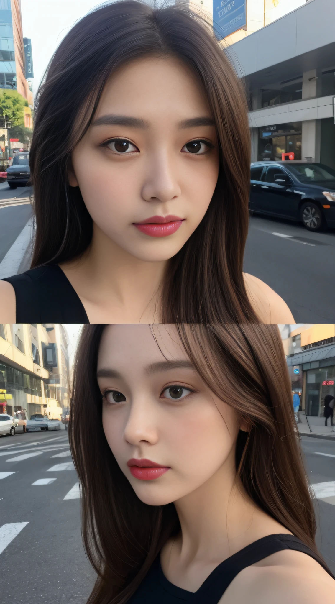 ((Day, Best Quality, 8K, Realistic)), Full Body: 1.4, Slender Abs: 1.2, ((Long dark brown hairstyle, Medium Breasts: 1.2)), (Black korean slimfit crop top: 1.2, White long pants: 1.1, Standing: 1.2), (Outdoor, Road, Traffic, Realistic seoul background: 1.1, Day lights: 1.2), Highly detailed face and skin texture, detailed eyes, double eyelids, half body camera view, selfie camera view, (Side face looking at the camera, Holding the camera: 1.2, Selfie: 1.1)