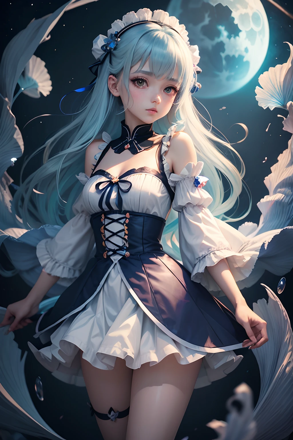 (cancer zodiac) there is a woman with grey glowing cyan hair on underwater with glowing cyan fish, Godest of the sea, spider arm attatched on back, anime girl cosplay, anime girl in real life, anime style mixed with fujifilm, portrait of magical ta girl, cute kawaii girl, anime cosplay, beautiful anime style, lolityle, anime style, cute anime girl, beautiful anime girl, artwork in the style of guweiz, night background with moon