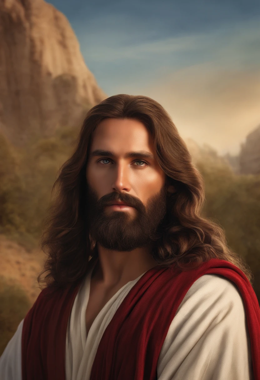 A close up of a man with long hair and a beard, Jesus Christ, Portrait of Jesus Christ, 8k realistic digital art, Jesus of Nazareth, ultra-realistic digital painting, face of Jesus, Highly realistic digital art, hyperrealistic digital painting, ultra-realistic digital art, very realistic digital art, Jesus, Ultra-realistic digital art.