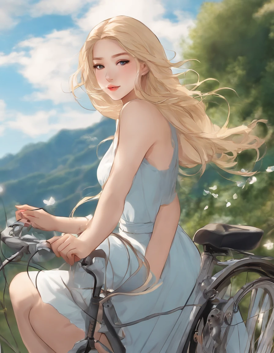 Anime，HDR style，Illustration，Confiwi，NSFW，2.5D，comfortable
Woman pedaling a bicycle， One woman sitting on a bicycle，They kiss the wind，Bicycle speeding along a mountain road，𝓡𝓸𝓶𝓪𝓷𝓽𝓲𝓬，Petals are flying around in the sky，baiyun，Blue sky，Far Mountain、I'm a blonde gal、I'm injured and I'm sticking a cut plate