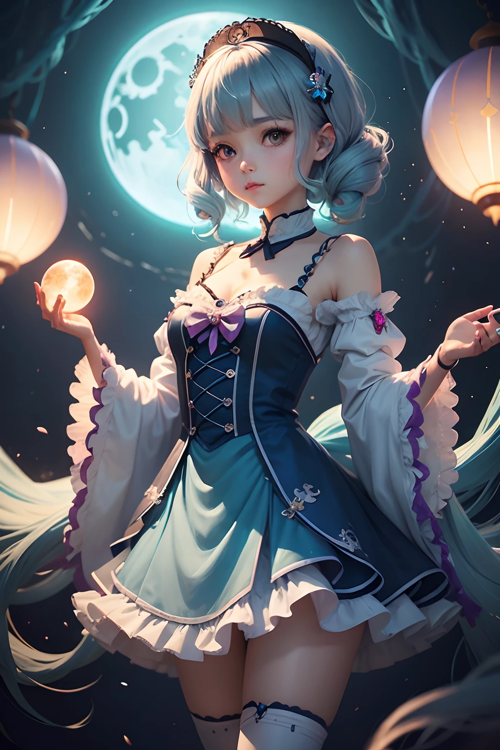 (cancer zodiac) there is a woman with grey glowing cyan hair on underwater with glowing cyan fish, Godest of the sea, spider arm attatched on back, anime girl cosplay, anime girl in real life, anime style mixed with fujifilm, portrait of magical ta girl, cute kawaii girl, anime cosplay, beautiful anime style, lolityle, anime style, cute anime girl, beautiful anime girl, artwork in the style of guweiz, night background with moon