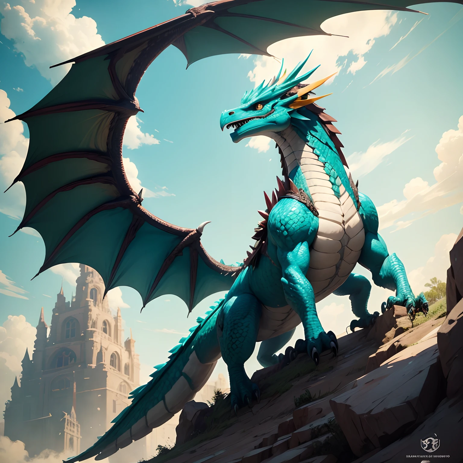 Dragon hunting a hawk, turquoise dragon
